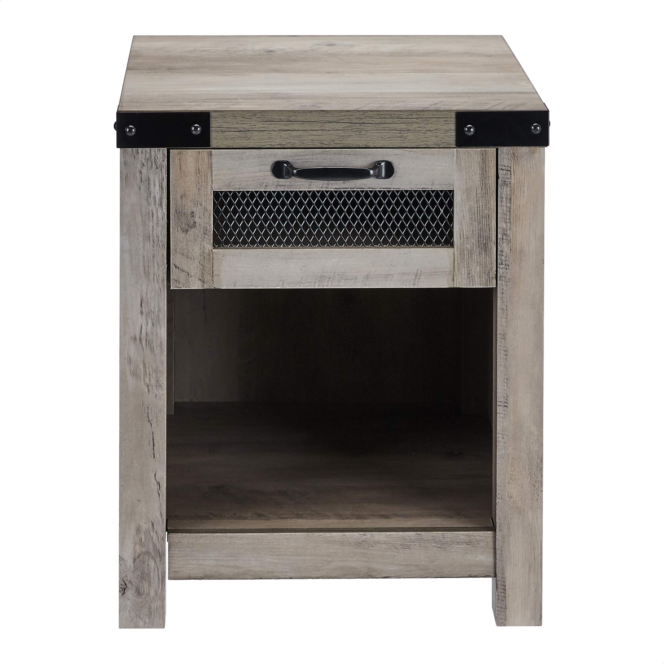 Industrial Style End Table with Drawer - Grey Wash Finish for Living Room, Bedroom, or Office Decor