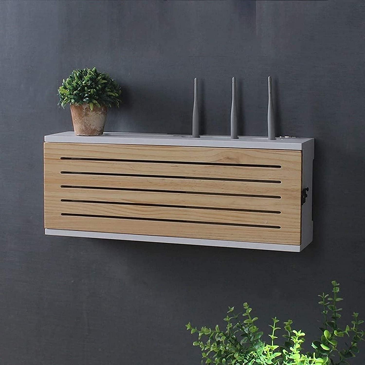 White 40cm Solid Wood Wall Mounted Floating Shelf for Wireless Router - Organize Network TV, Lower Row Sockets & Hide Cables - Perfect for Home Office, Living Room & Entertainment Center Setup