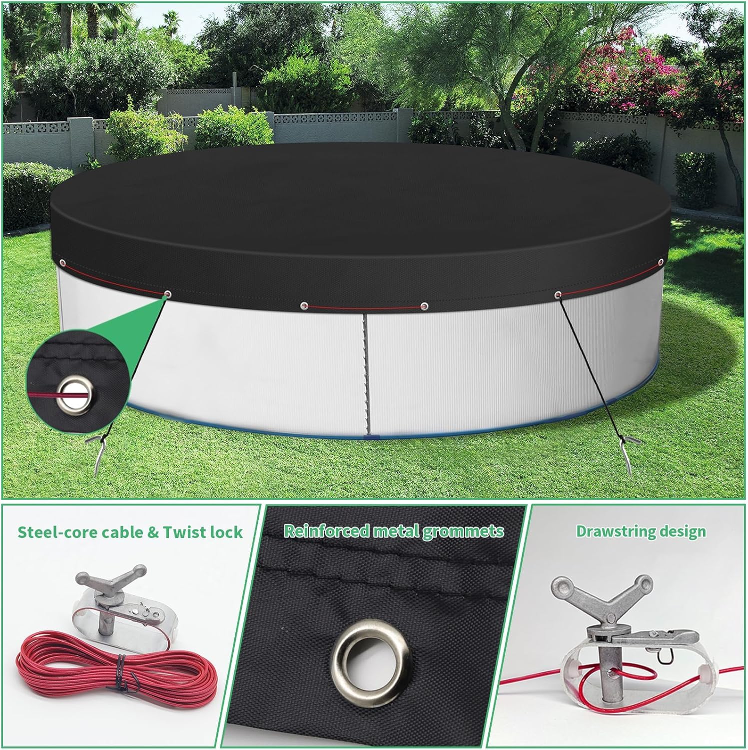 28FT Solar Pool Cover for Above Ground Pools - Round Hot Tub & Stock Tank Cover - Waterproof & UV Resistant with Ground Nails, Winch & Cable - Perfect for Winter Protection & Energy Savings