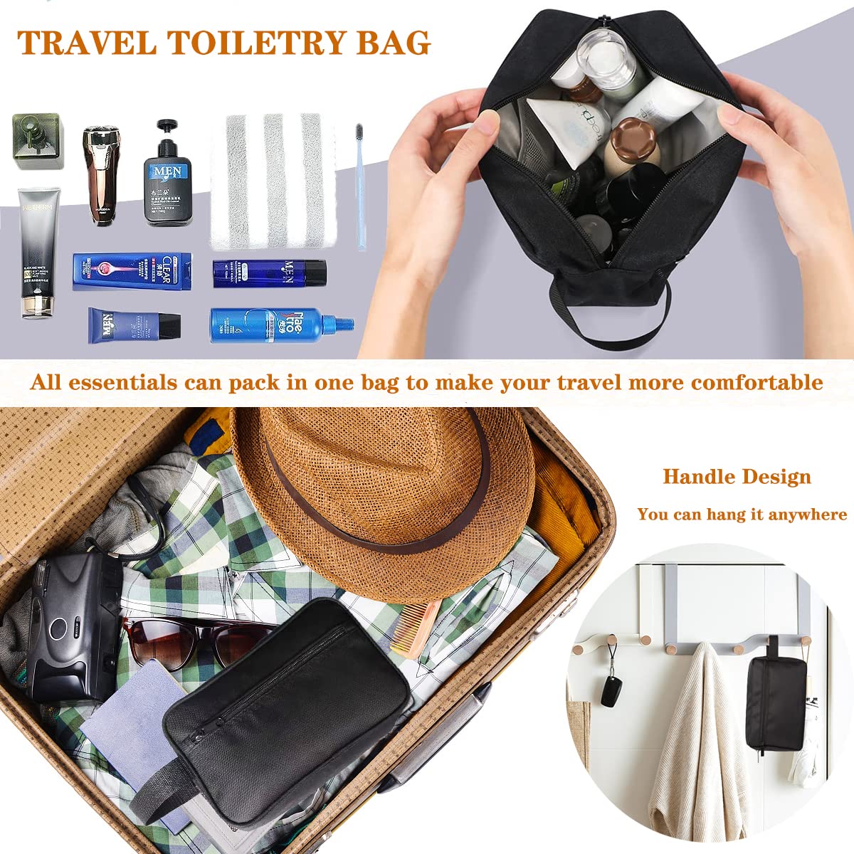Waterproof Travel Toiletry Bag for Women & Men - Foldable Shower Organizer with Handle for Gym, Makeup, Cosmetics & Shaving Accessories - Ideal for Bathroom, Camping & Airplane Trips - Black