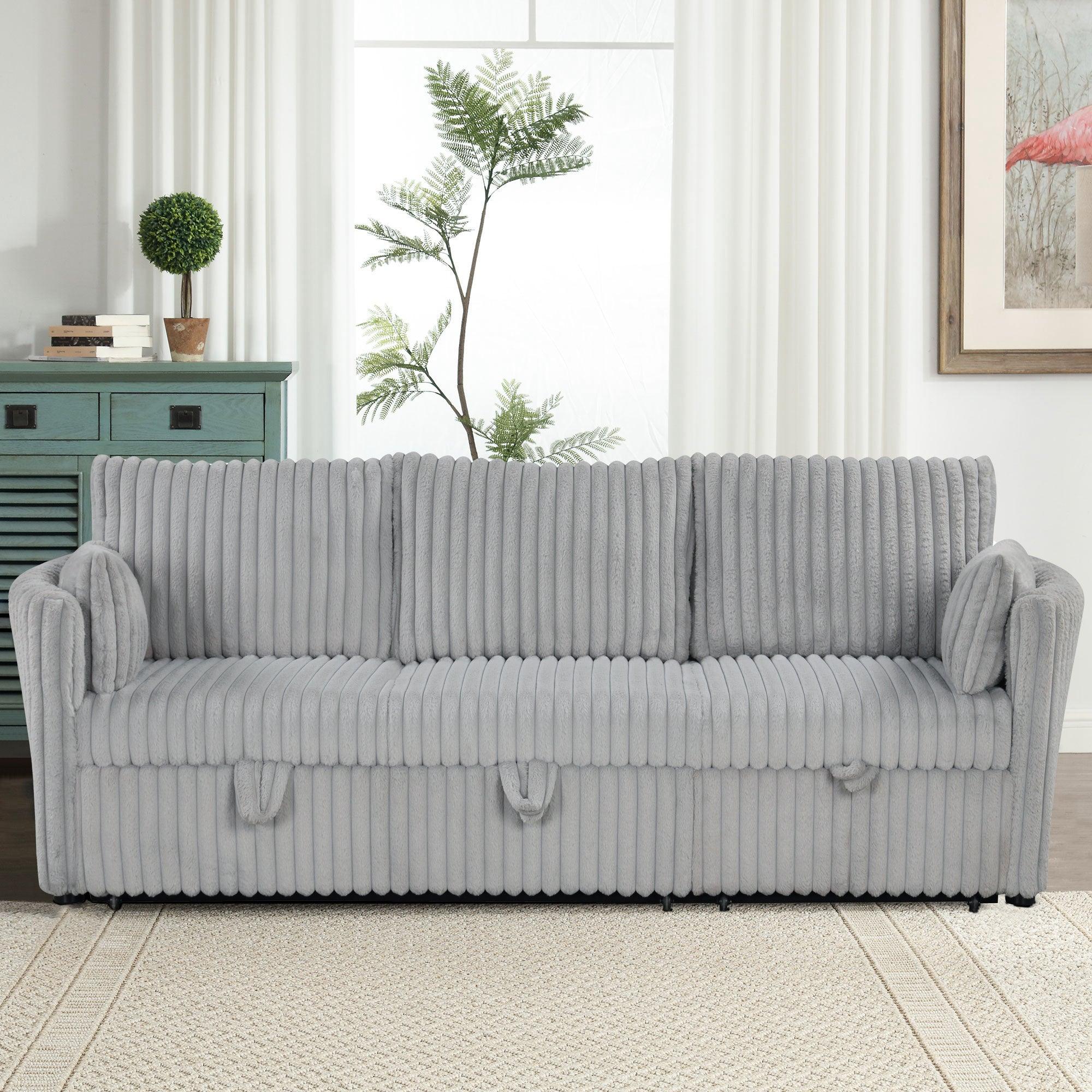 Light Gray Faux Fur Oversized Convertible Sleeper Sectional Sofa with USB Charging Ports - 3-in-1 Daybed, Couch & Chair with 2 Pillows - Perfect for Living Room, Home Theater & Guest Room