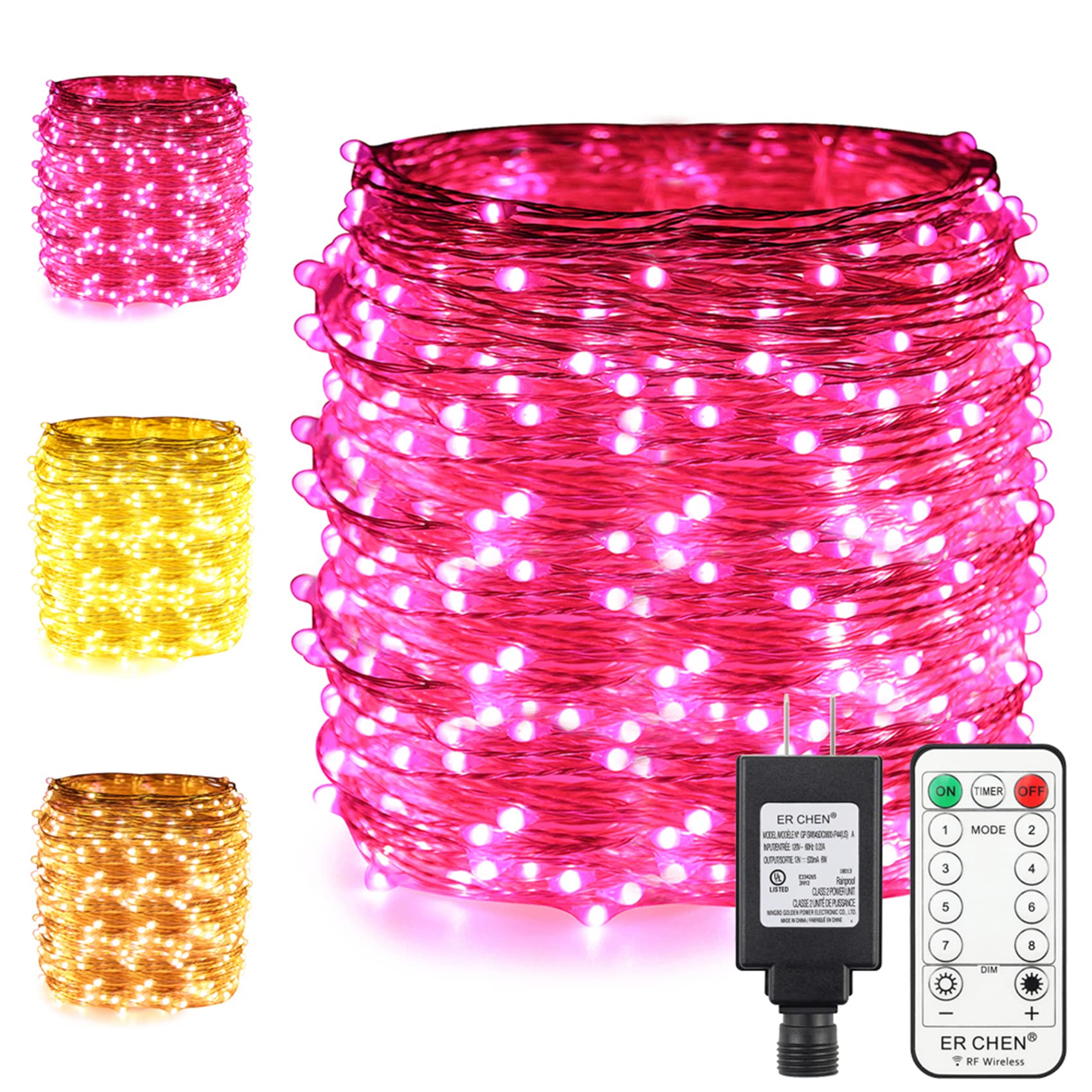 Dual-Color LED String Lights 165ft 500 LEDs - Plug in Silver Copper Wire Fairy Lights with Remote & Timer, 8 Modes Dimmable for Indoor/Outdoor Christmas Decor, Wedding, Party, Garden (Pink/Warm White)