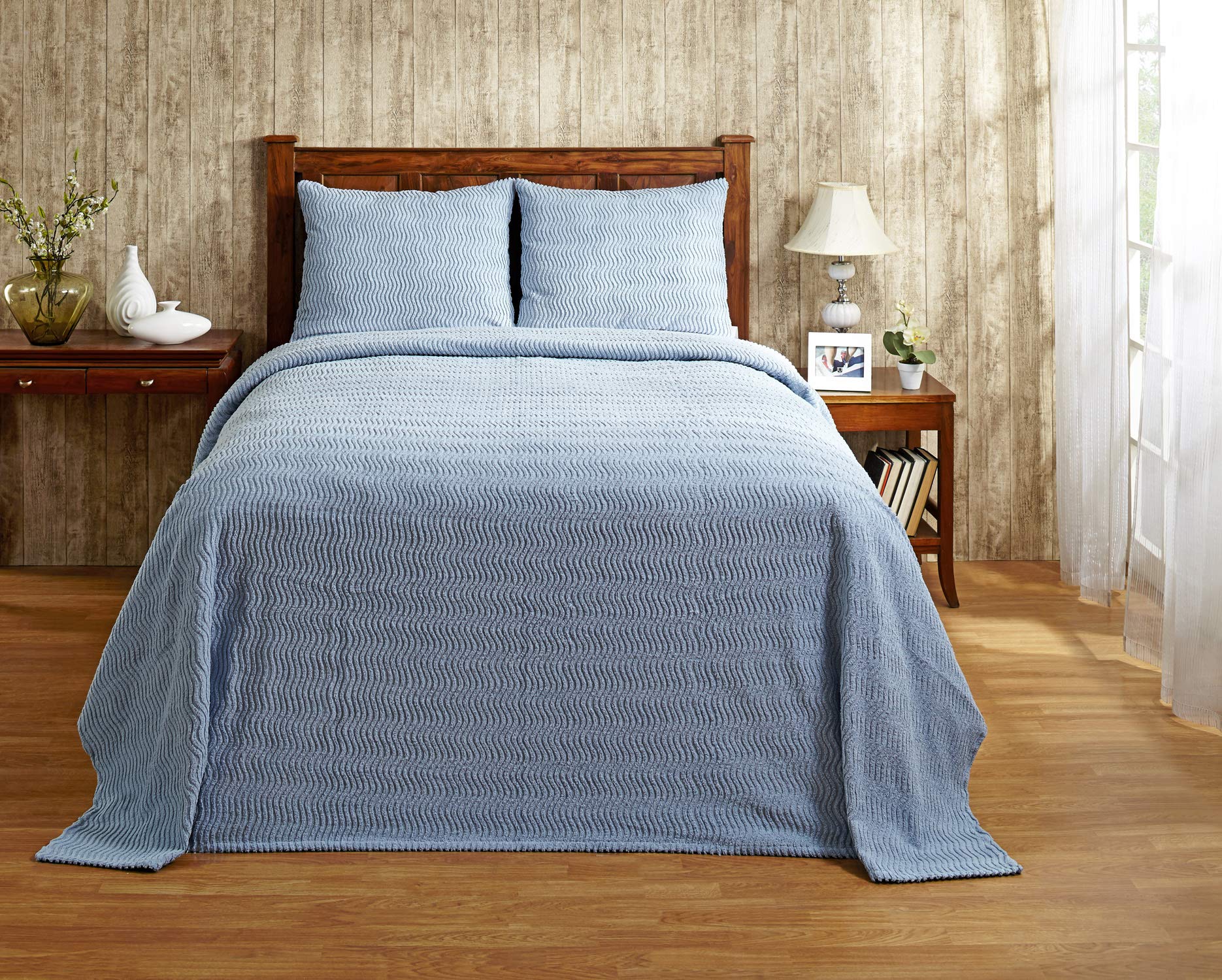 Better Trends Natick Collection 100% Cotton Wavy Channel Stripes Tufted Bedspread - Super Soft, Lightweight & Luxurious - Machine Washable, Tumble Dry - Full/Double Size, Blue - Perfect for Cozy Bedrooms, Guest Rooms & Dorm Decor
