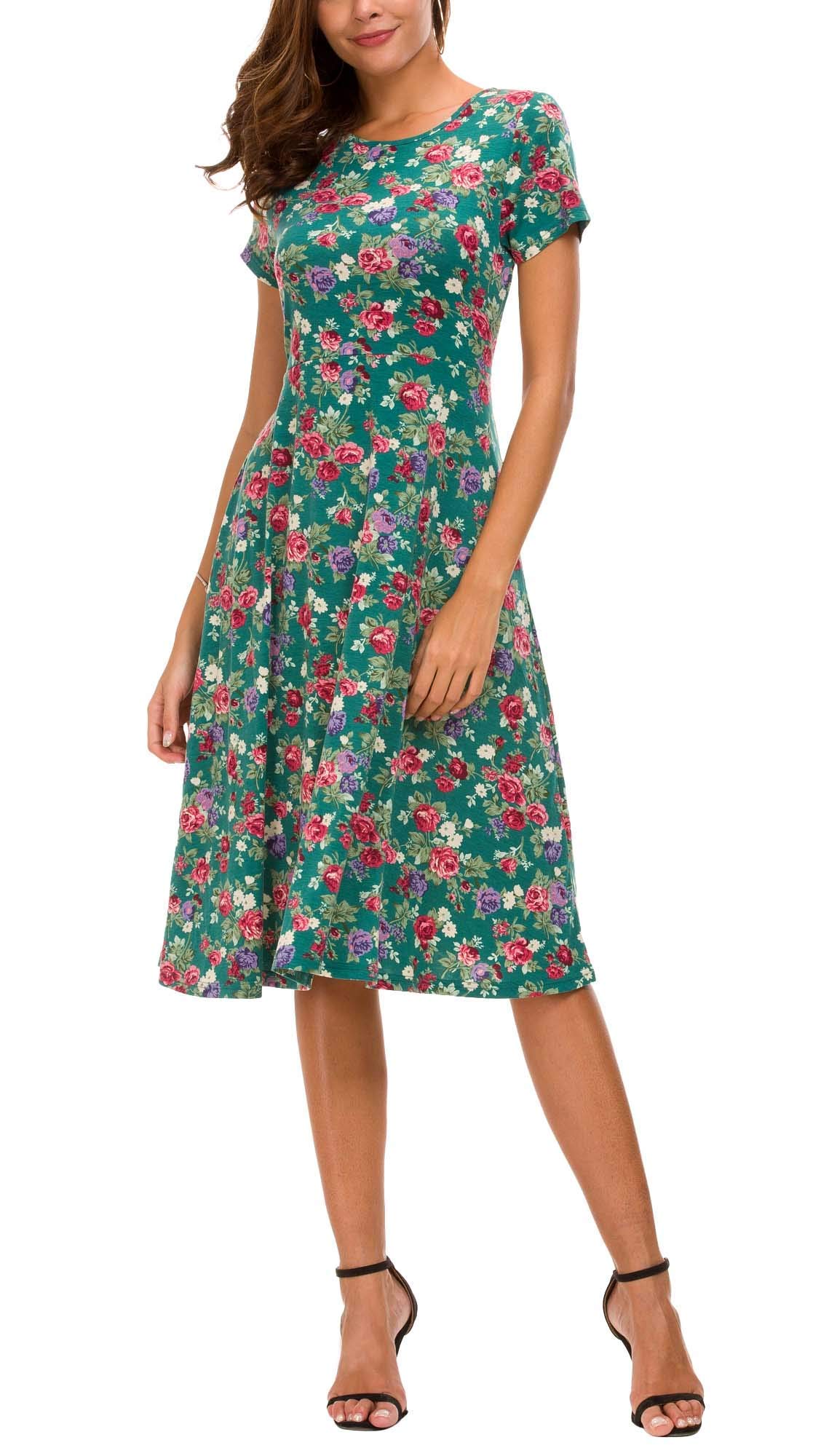 EXCHIC Women's Floral Print Summer Dress - Casual A-Line High Waist Short Sleeve Midi Dress for Beach, Vacation & Outdoor Parties