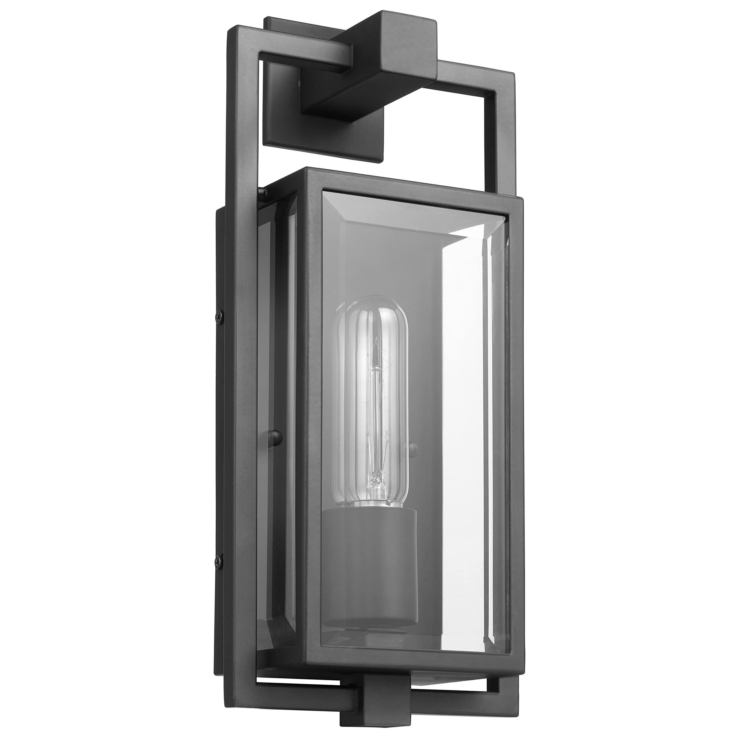 Modern Dimmable Wall Lantern - Matte Black Steel Finish with Clear Beveled Glass - Weather Resistant Outdoor Lighting for Porch, Patio, Garden & Entryway - Contemporary Small Exterior Light Fixture