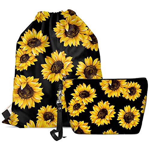 JEOCODY Sunflower Drawstring Backpack - Lightweight Cinch Sack String Travel Bag with Makeup Pouch for Women, Girls & Kids | Perfect for School, Gym, Beach & Outdoor Activities