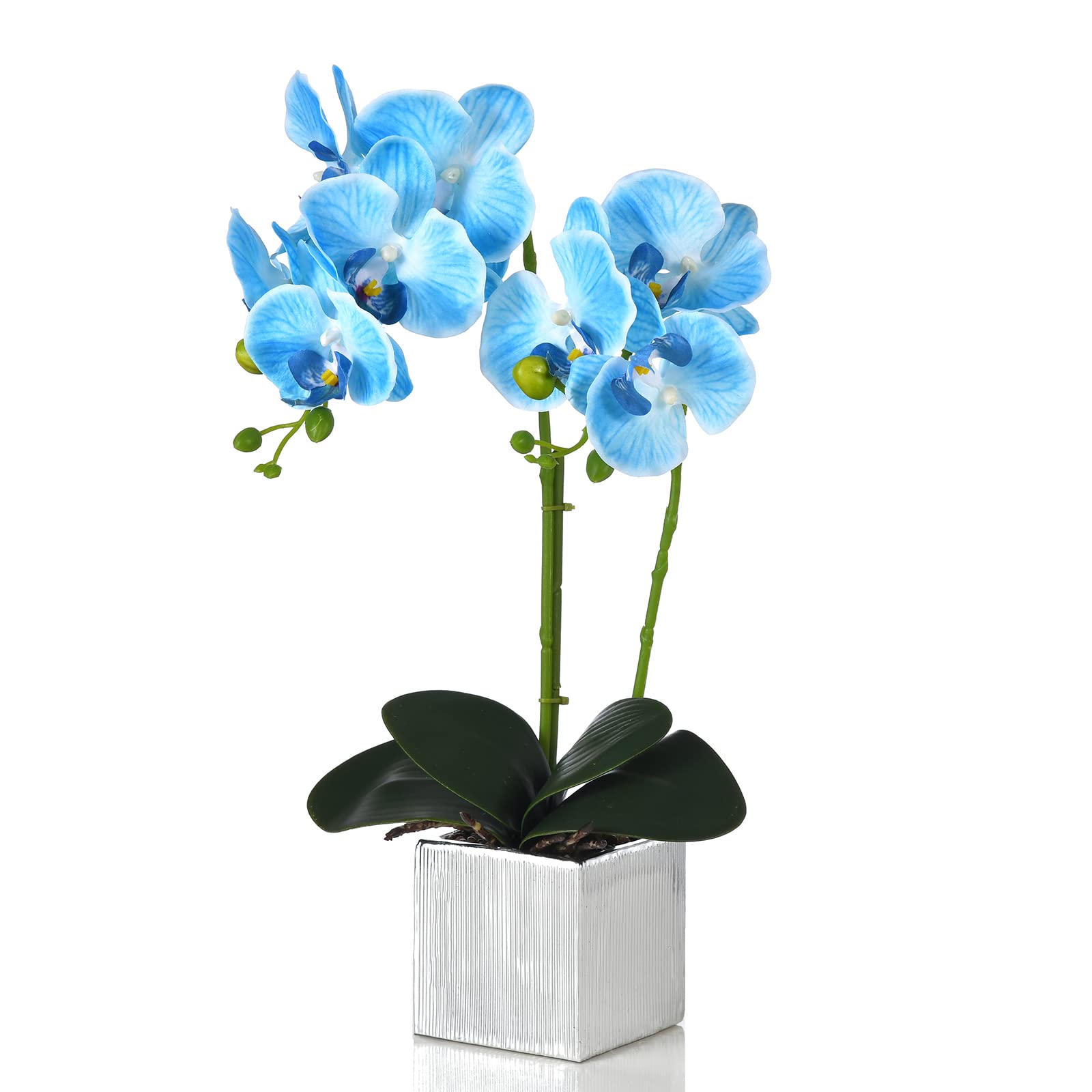 Realistic Artificial Orchid Silk Flower Arrangement in Silver Vase - Blue Phalaenopsis Bonsai for Home Decor, Wedding Centerpiece, Office Desk & Dining Table Decoration