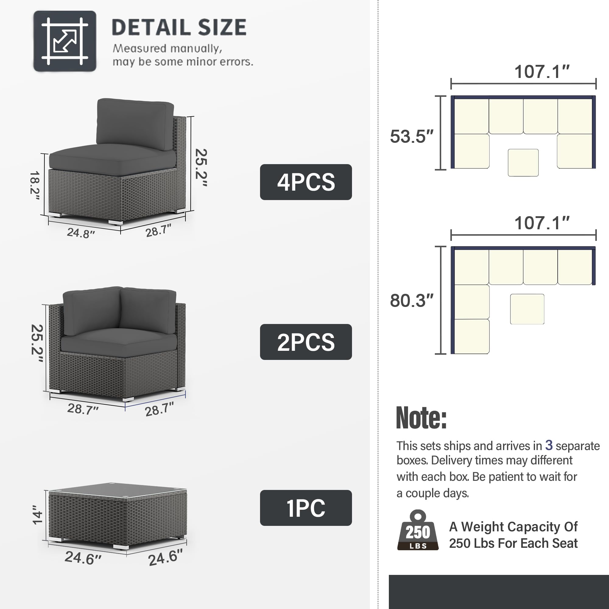 SOLAURA 7-Piece Outdoor Patio Furniture Set - Black Brown Rattan Sectional Sofa with Coffee Table & Gray Cushions - Weather-Resistant Modular Conversation Set for Garden, Poolside, and Backyard Relaxation