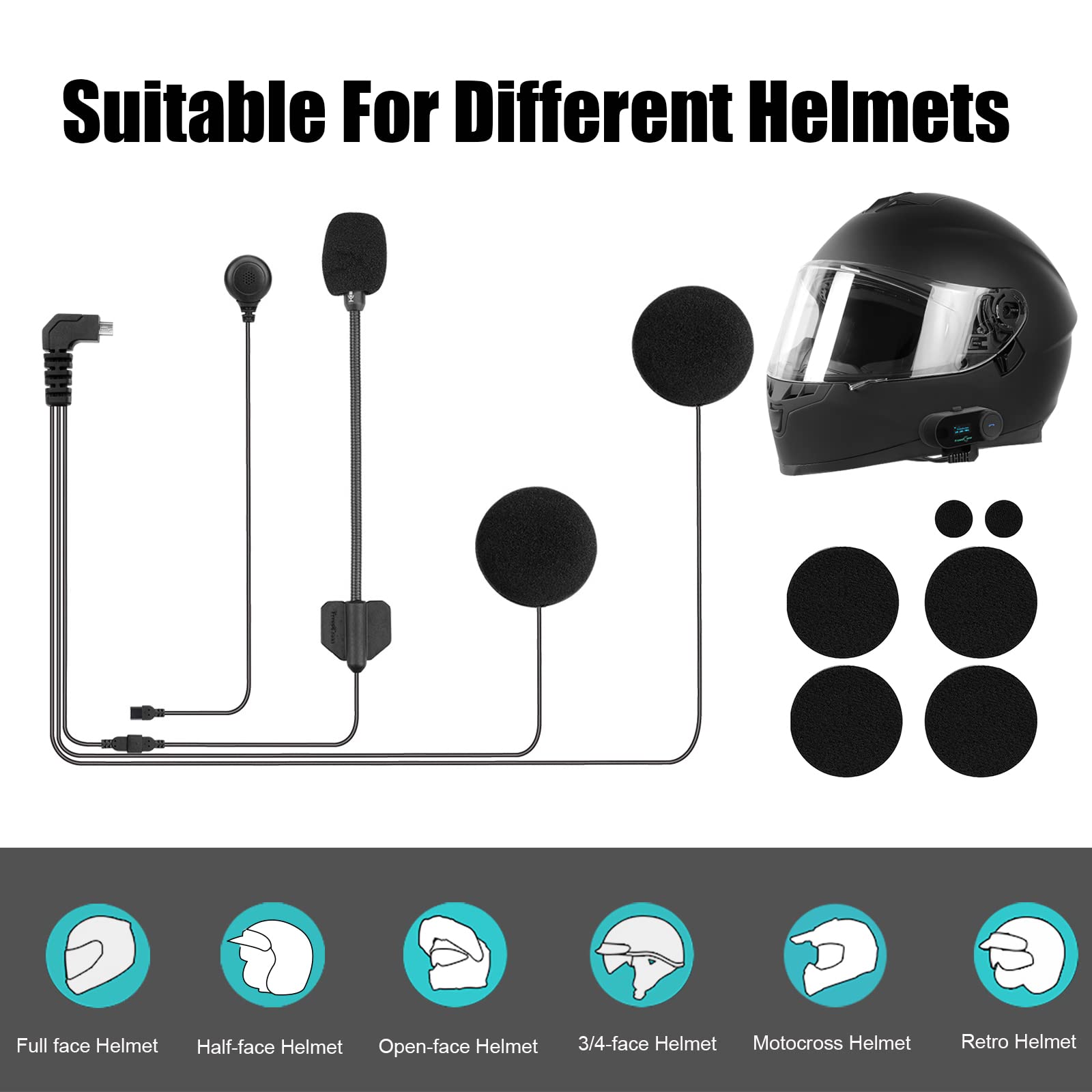 FreedConn Motorcycle Bluetooth Headset with Soft Cable - Compatible with TCOM VB, T-COM SC, KY PRO - Noise Cancelling Mic & Headphones for Helmet Intercom - Perfect for Group Riding & Communication on the Road