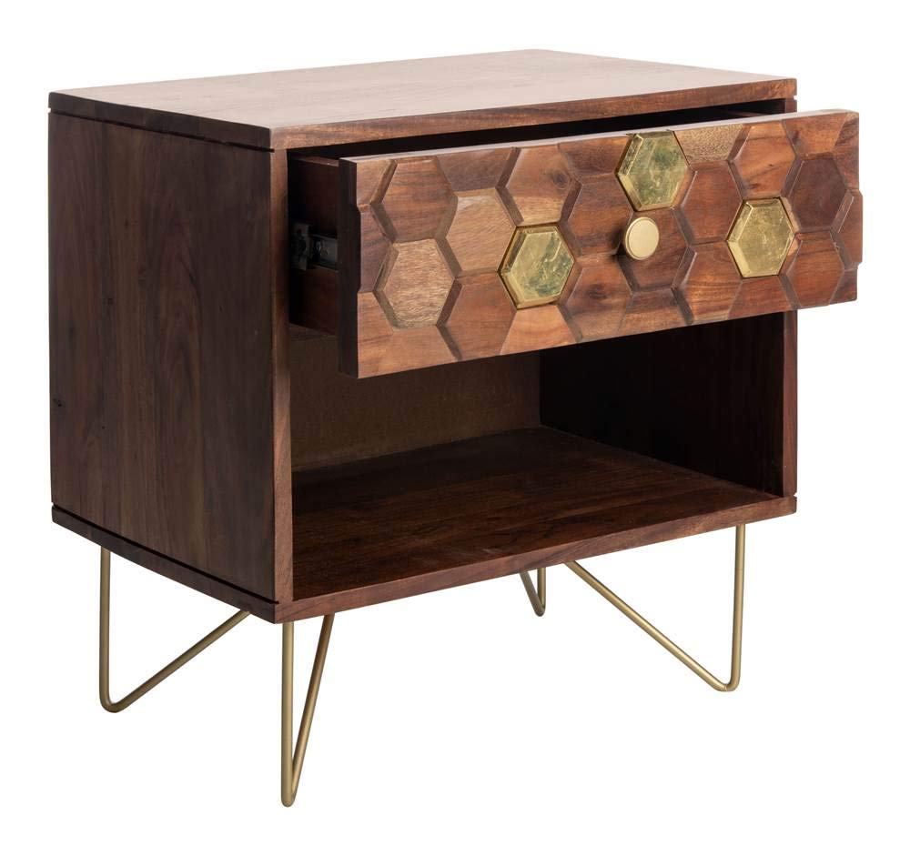 Safavieh Raveena Modern Honeycomb Nightstand with Natural Wood & Brass Hairpin Legs - Perfect for Bedroom, Living Room, or Office Side Table