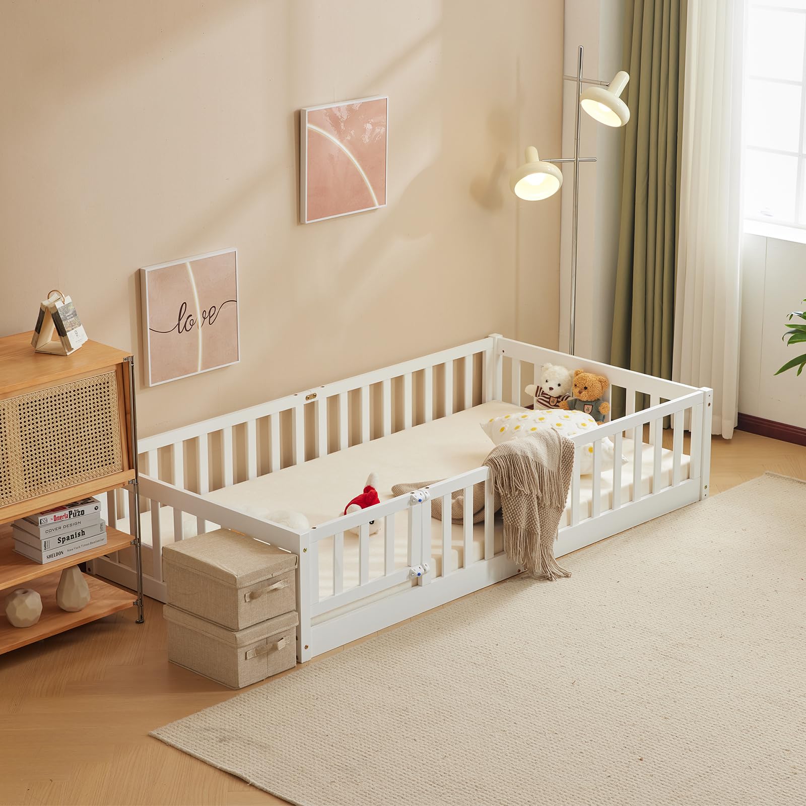 Montessori Toddler Floor Bed with Safety Guardrails - Solid Wood Twin Bed Frame for Kids, Girls & Boys - White Karl Home Bed with 12 Slats, Door & Fence | Perfect for Montessori Rooms, Daycare Centers & Safe Toddler Sleeping Spaces