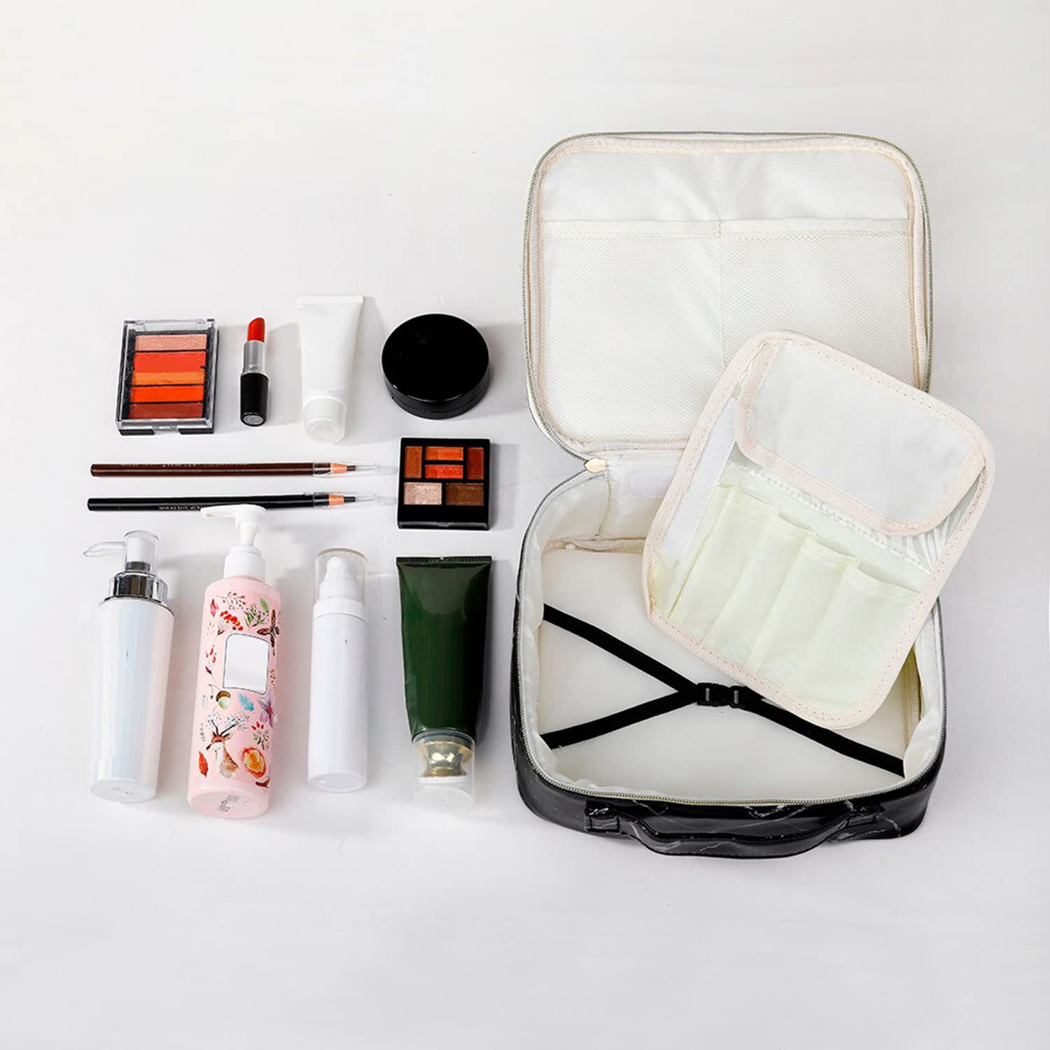 House of Quirk Portable Travel Makeup Bag for Women - Waterproof Cosmetic Organizer with Detachable Brush Pouch (Black Marble) | Perfect for Vacation, Gym & Daily Essentials Storage