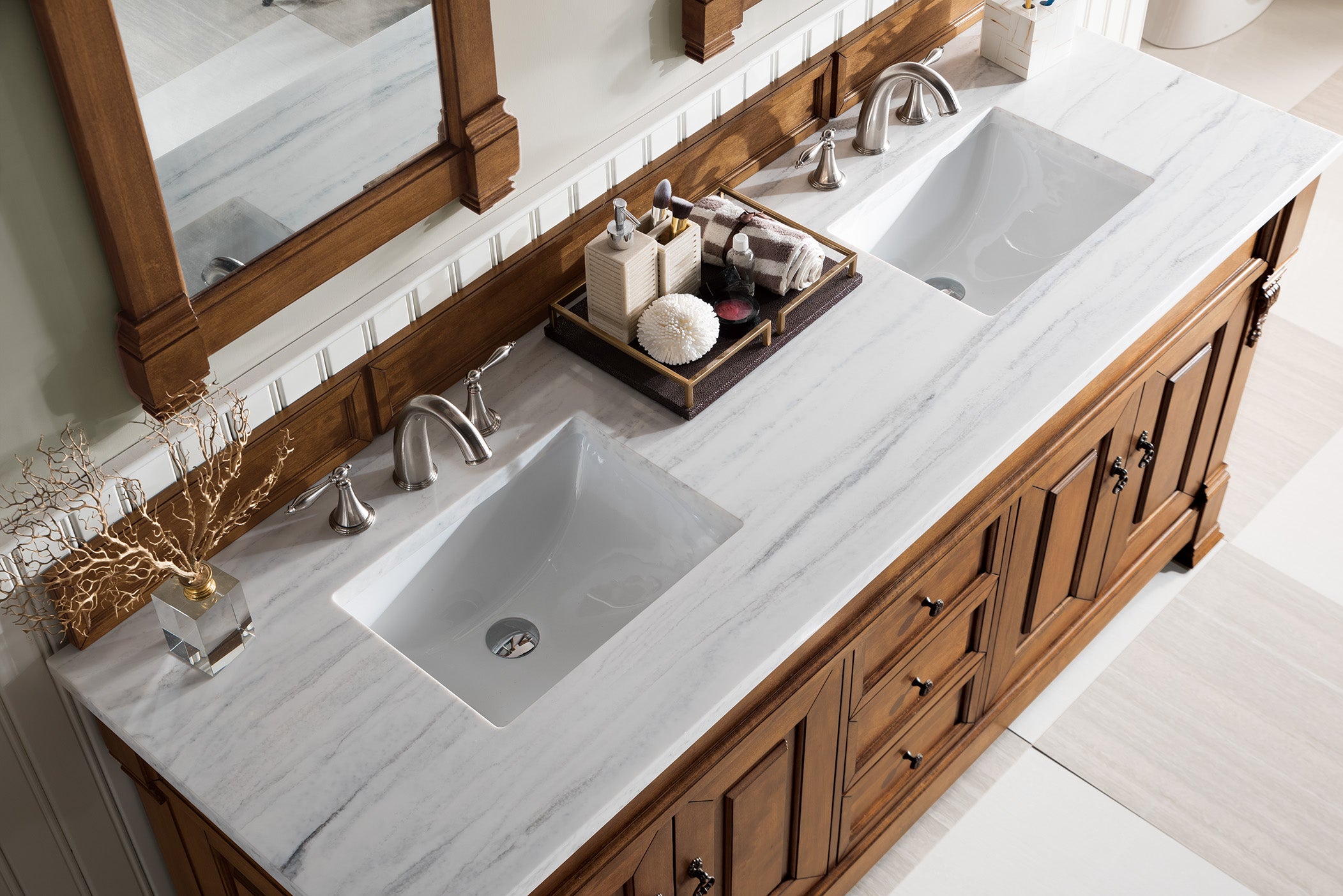 Brookfield 72 Inch Double Vanity with Country Oak Finish & 3CM Arctic Fall Solid Surface Top – Perfect for Bathroom Renovation & Modern Farmhouse Style Homes