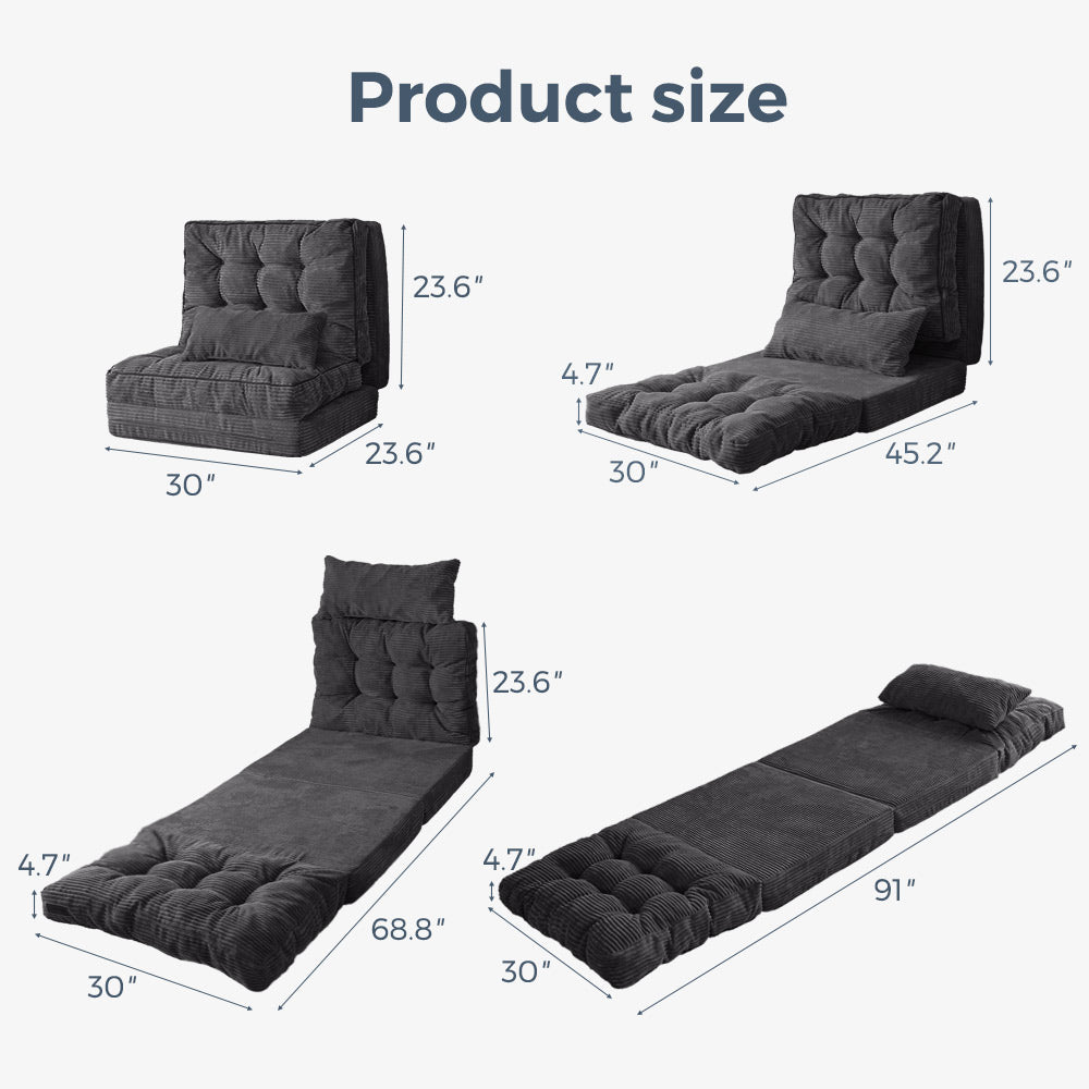 MAXYOYO Tufted Bean Bag Sofa Bed with Pillows - Foldable Floor Couch for Living Room, Bedroom & Dorm - Dark Grey - Perfect for Lounging, Gaming & Relaxation