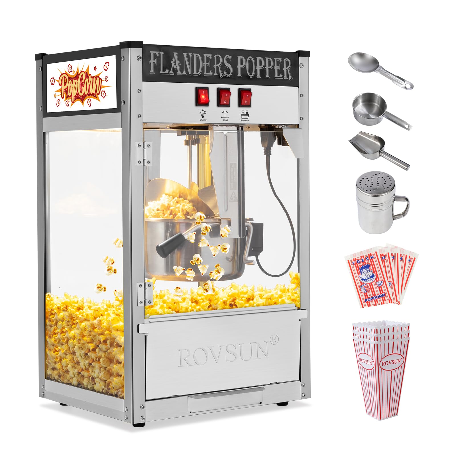 ROVSUN Commercial Popcorn Machine - 10oz Kettle Makes 4 Gallons, Countertop Popcorn Popper with Stainless Steel Scoop, Oil Spoon & 3 Cups - Perfect for Movie Nights, Parties, and Concession Stands (Black)