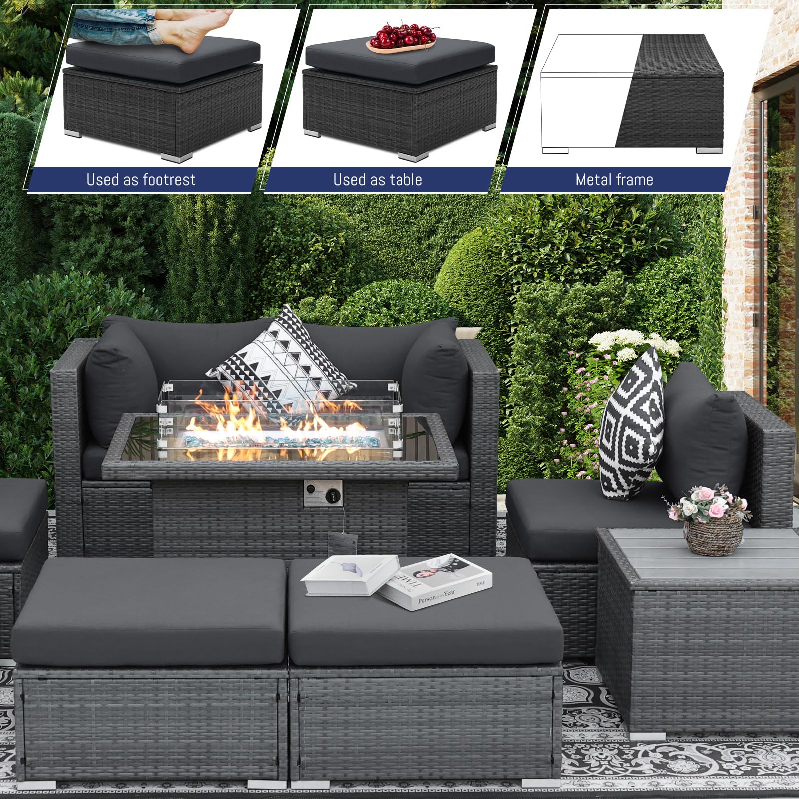 BULEXYARD 5-Piece Grey Rattan Patio Furniture Set with Gas Fire Pit Table - High Back Deep Seat Outdoor Sectional Sofa & Wicker Conversation Set for Backyard, Poolside & Garden (Grey/Dark Grey)