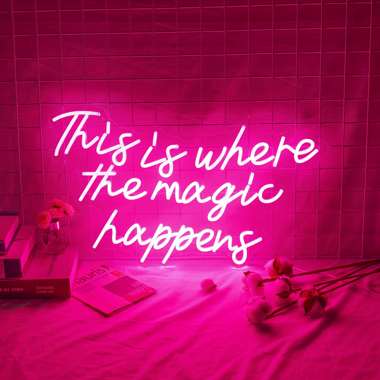 Pink LED Neon Sign - 'This is Where the Magic Happens' Wall Art (23.6