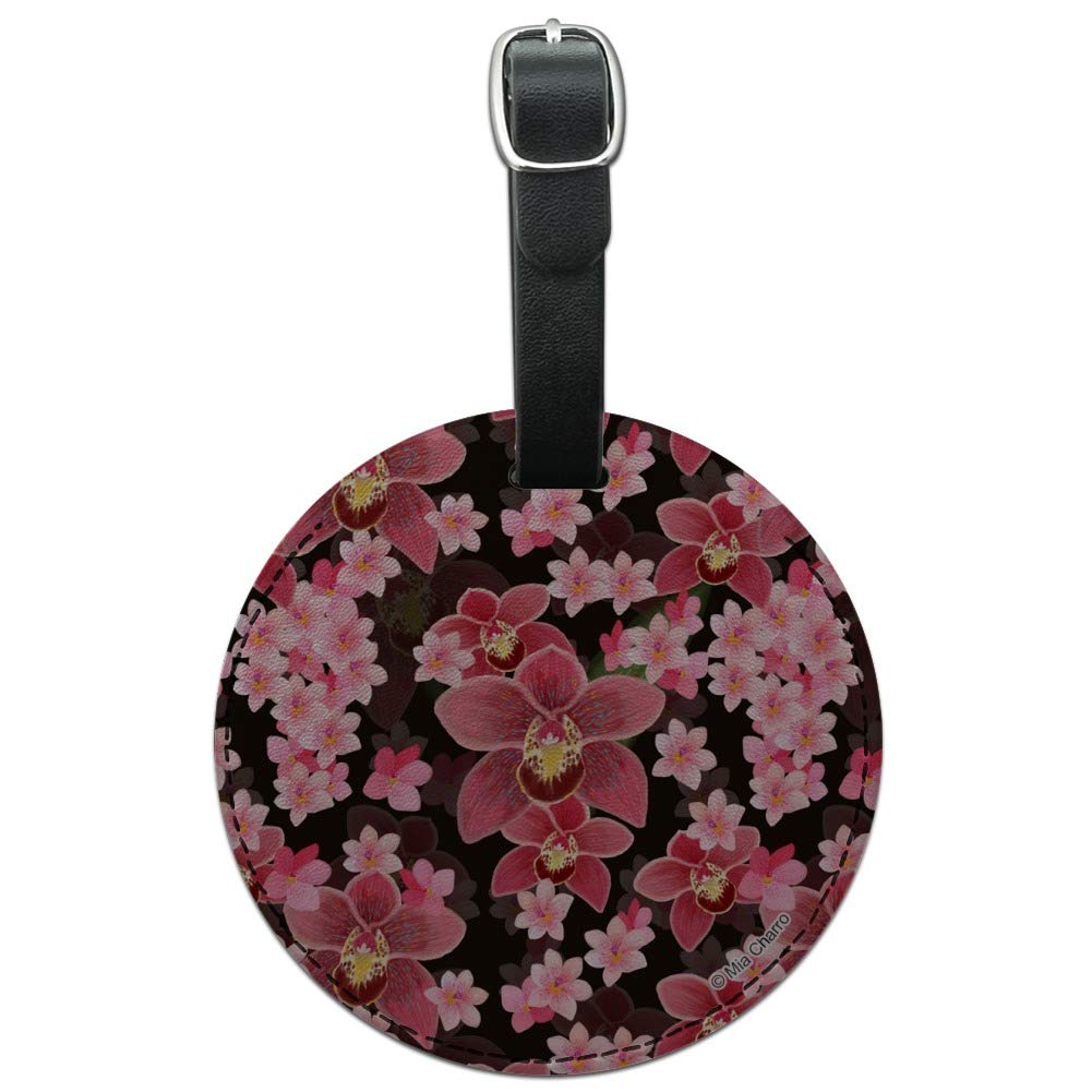 Stylish Round Leather Luggage Tag for Suitcases & Carry-Ons - Personalized ID Tag with Beautiful Orchid Design | Perfect for Travel, Business Trips & Gift Giving