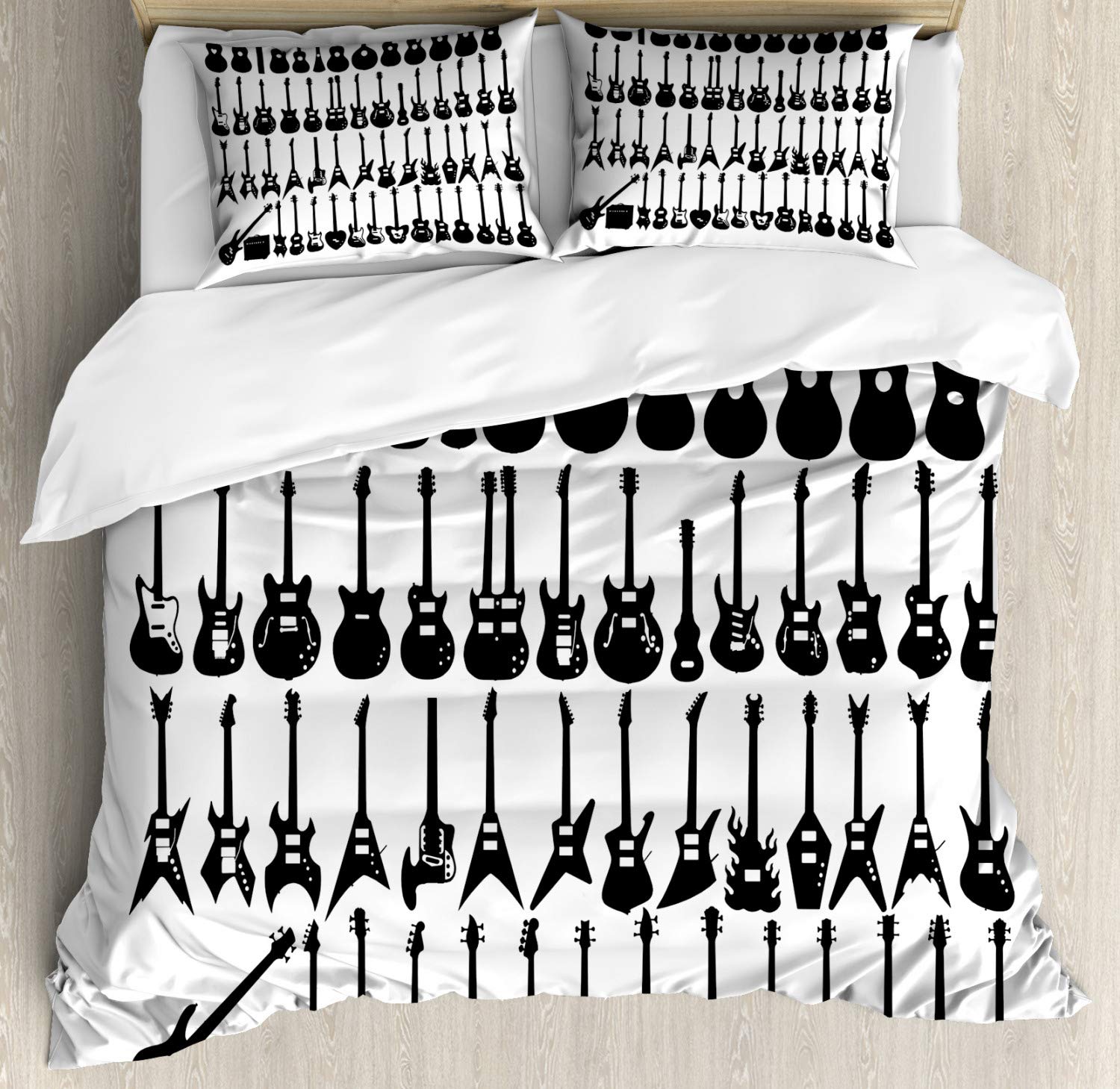Ambesonne Guitar Duvet Cover Set - King Size 3 Piece Bedding with 2 Pillow Shams, Charcoal Grey & White Modern Design - Perfect for Music Lovers Bedroom Decor, Gift for Guitar Enthusiasts