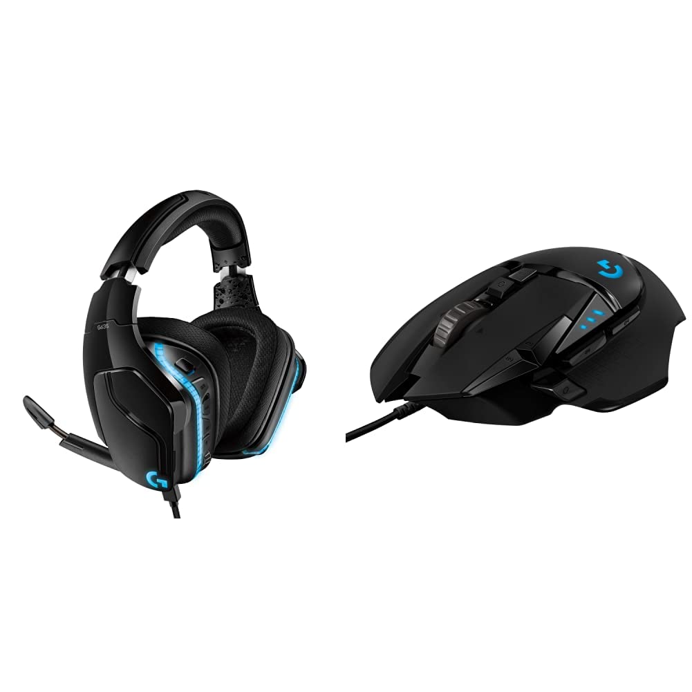 Logitech G635 Wired RGB Gaming Headset with 7.1 Surround Sound & G502 HERO Wired Gaming Mouse - 25K DPI Sensor, 11 Programmable Buttons, Adjustable Weights - Perfect for PC Gaming, Streaming & Esports (Black)