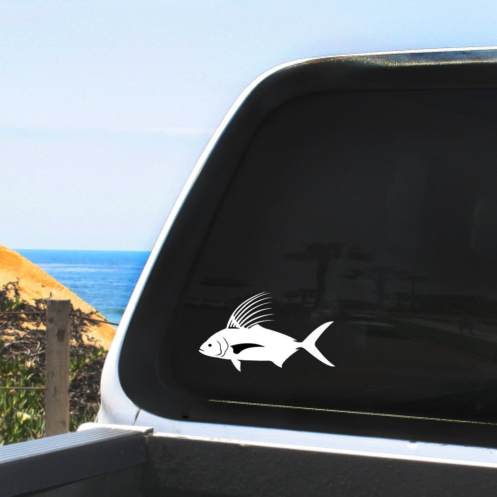 Roosterfish Vinyl Decal - 8 Inch White Sticker for Car Windows, Boats, Laptops & Non-Porous Surfaces - Perfect for Outdoor Enthusiasts & Fishing Lovers