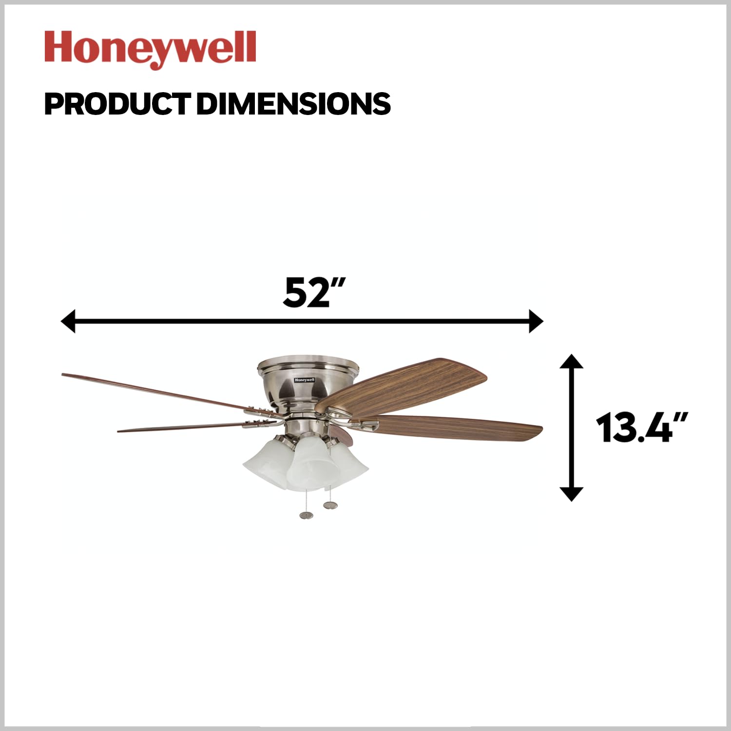 Honeywell 52 Inch Brushed Nickel Ceiling Fan with LED Light - Quick-2-Hang Flush Mount Indoor Fan, Reversible Motor & Dual Finish Blades for Living Room, Bedroom & Office (Model 50182)