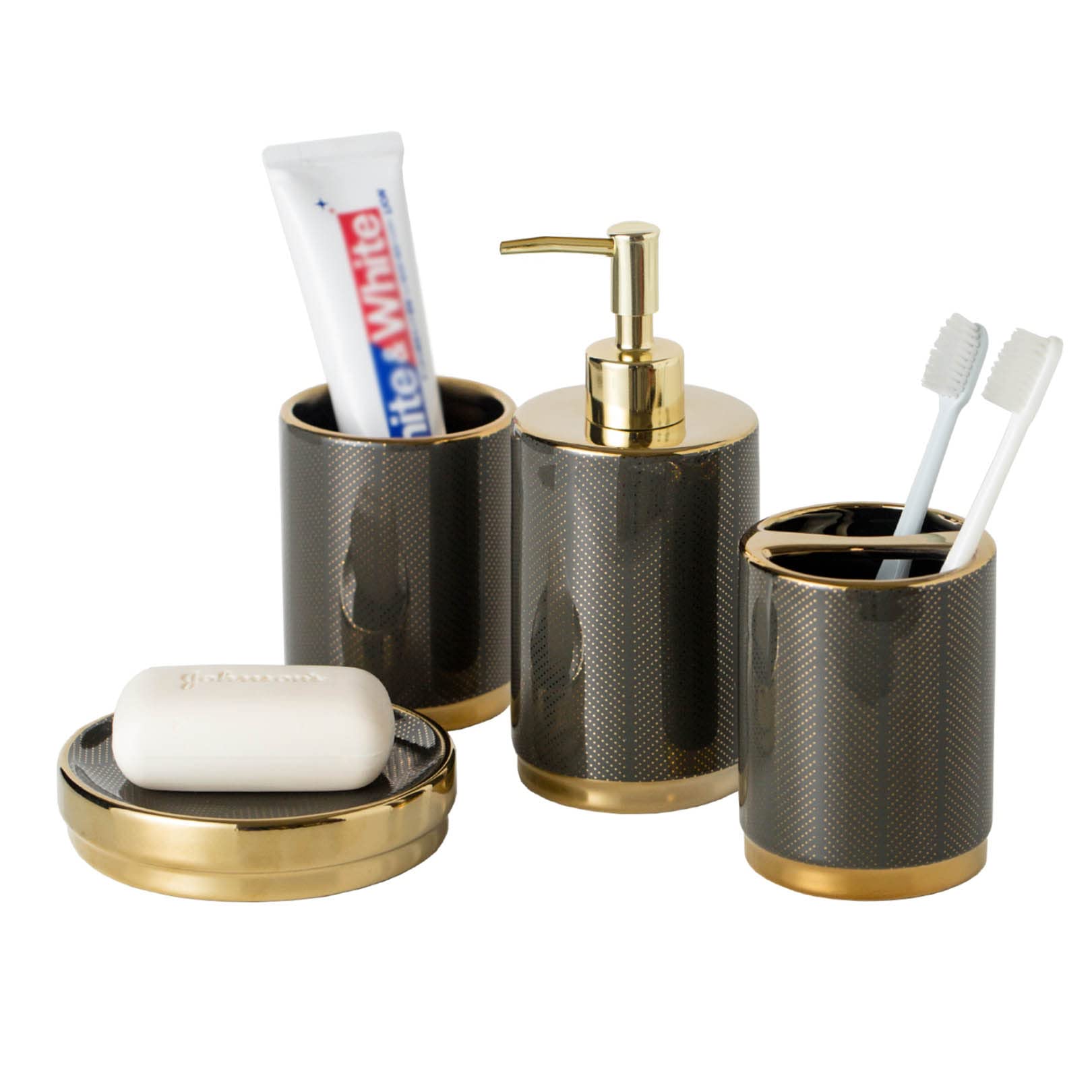 ZHINTE 4-Piece Bathroom Accessory Set - Modern Vanity Countertop Organizer with Soap Dispenser, Toothbrush Holder & Tumbler | Perfect for Bathroom Decor, Guest Bath Essentials & Spa-Style Organization