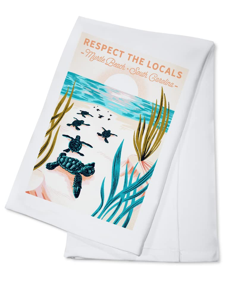 Respect The Locals Myrtle Beach South Carolina Turtle Design 100% Cotton Tea Towel - Decorative Hand Towel for Kitchen, Home Decor & Coastal Themed Gifts