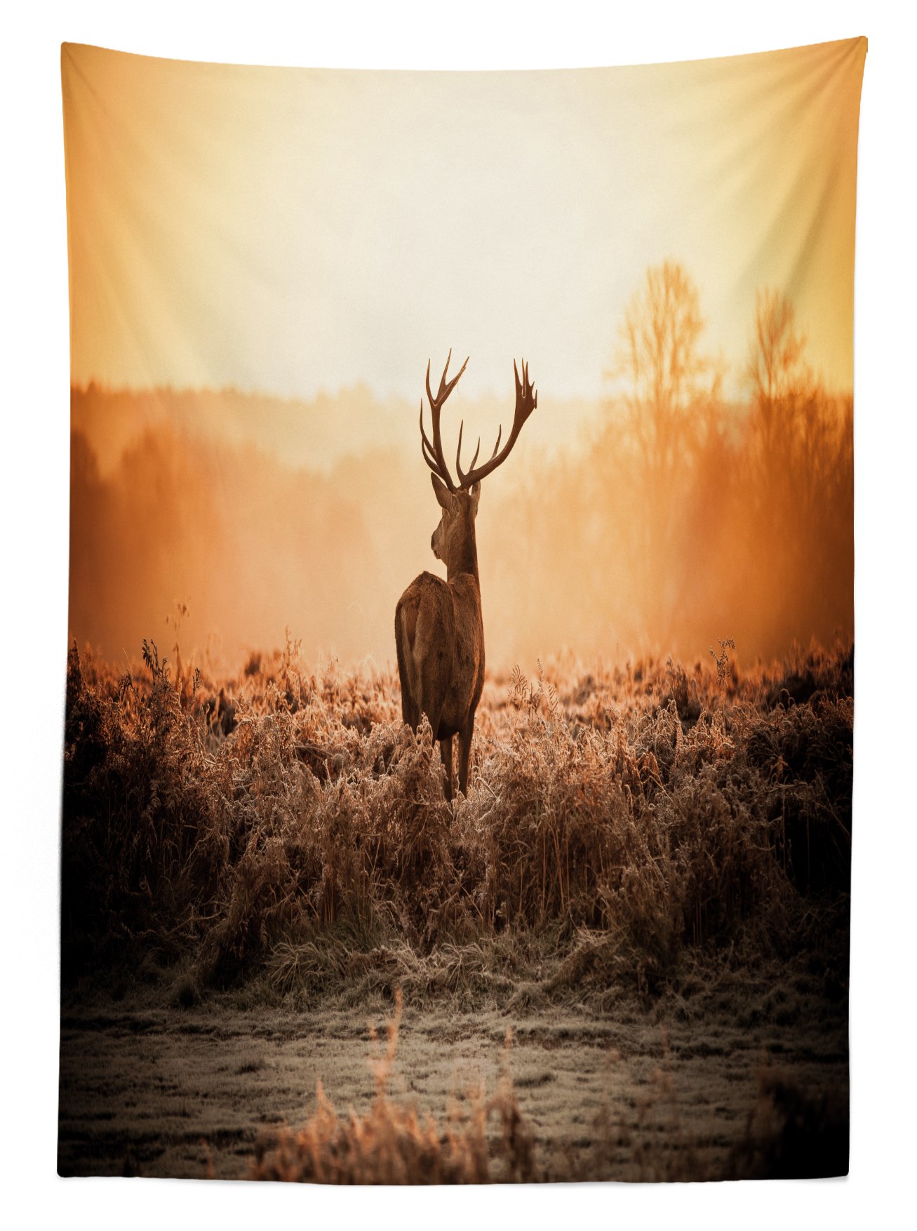 Ambesonne Hunting Themed Outdoor Tablecloth - Red Deer in Morning Sun Wilderness Scenery, Washable Picnic Table Cover 58x120 Inches, Brown Orange - Perfect for Camping, BBQs, and Outdoor Dining