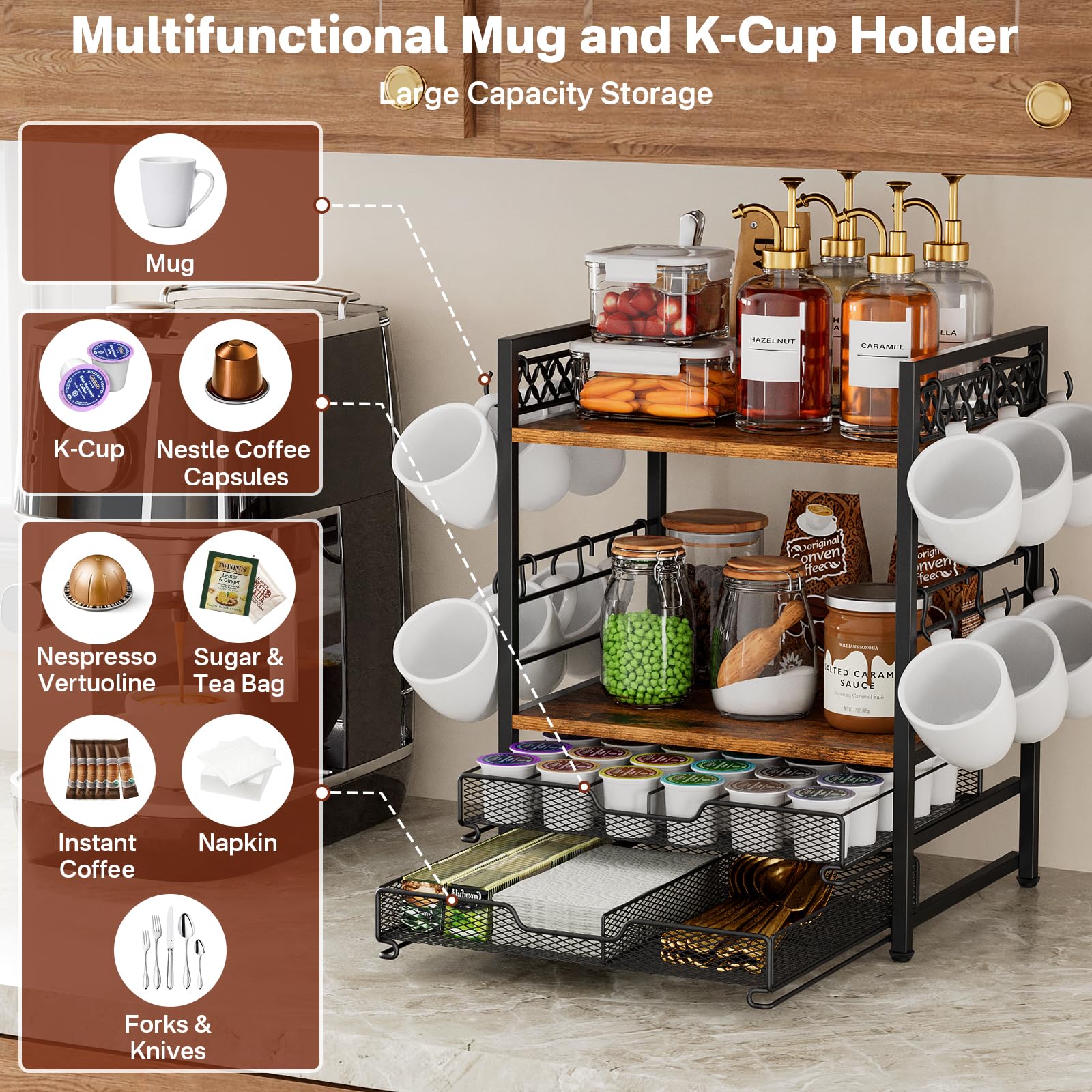 4-Tier Coffee Bar Organizer with 12 Hooks & 30 K-Cup Pod Drawer - Multifunctional Kitchen Countertop Shelf for Mugs, Accessories | Perfect for Home, Office & Coffee Station Organization