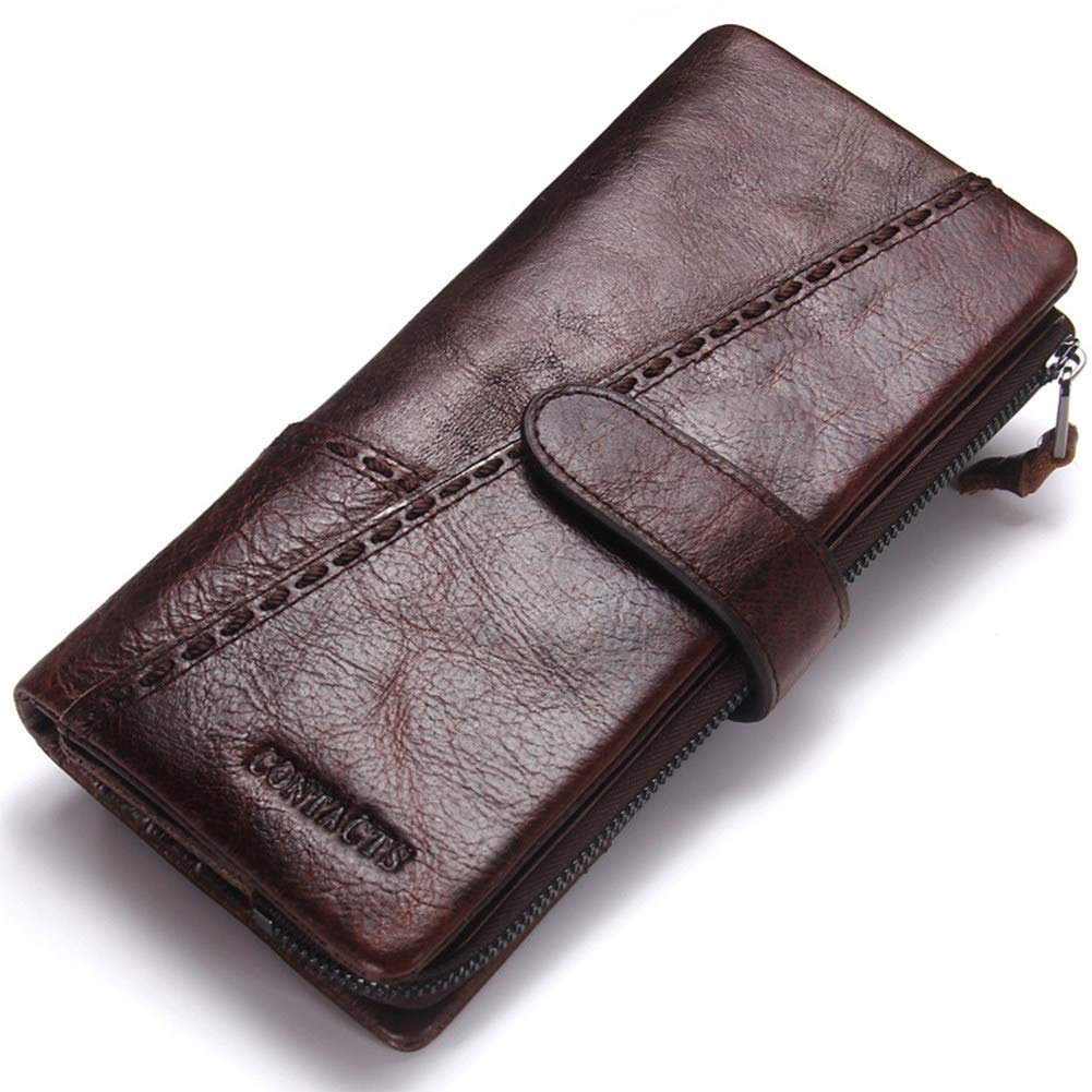 GHYDDC Men's Long Leather Wallet - Vintage Retro Foldable Buckle Clutch with Zipper Pocket for Cash & Cards - Business & Everyday Use Wallet - Perfect Gift Box for Men (Great for Office, Travel & Daily Carry)