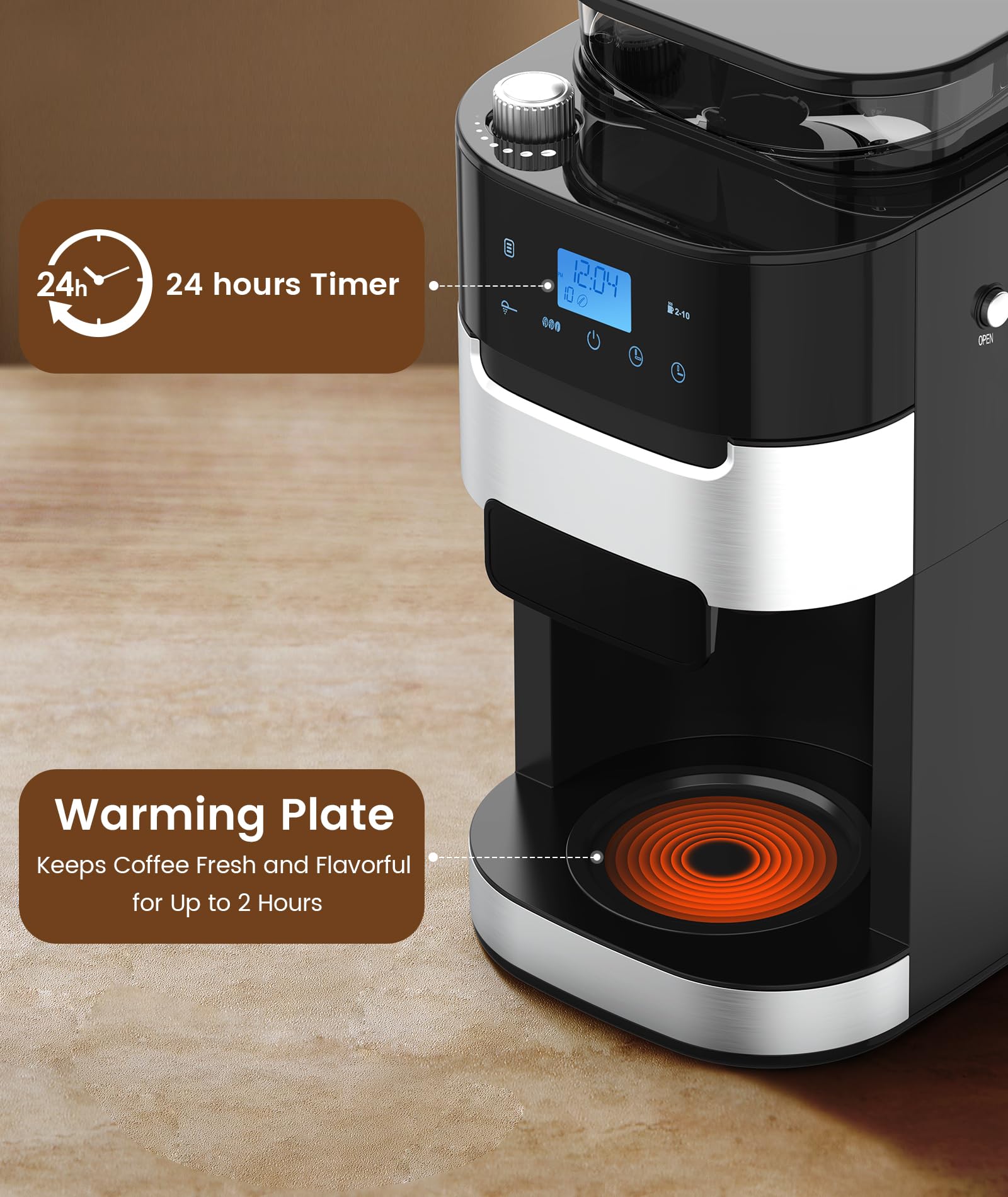 COWSAR 10-Cup Programmable Coffee Maker with Built-In Grinder - Adjustable Grind & Brew, 50oz Water Tank, Keep Warm Plate - Perfect for Home, Office & Daily Morning Routine - Black