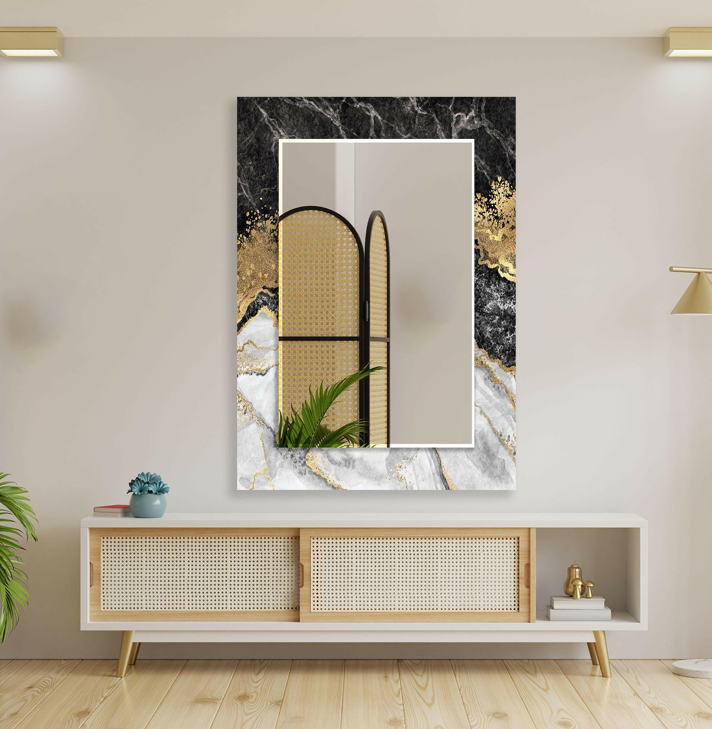 Elegant Black Marble Gold Frame Wall Mirror - Modern Home Decor for Living Room, Bedroom & Entryway