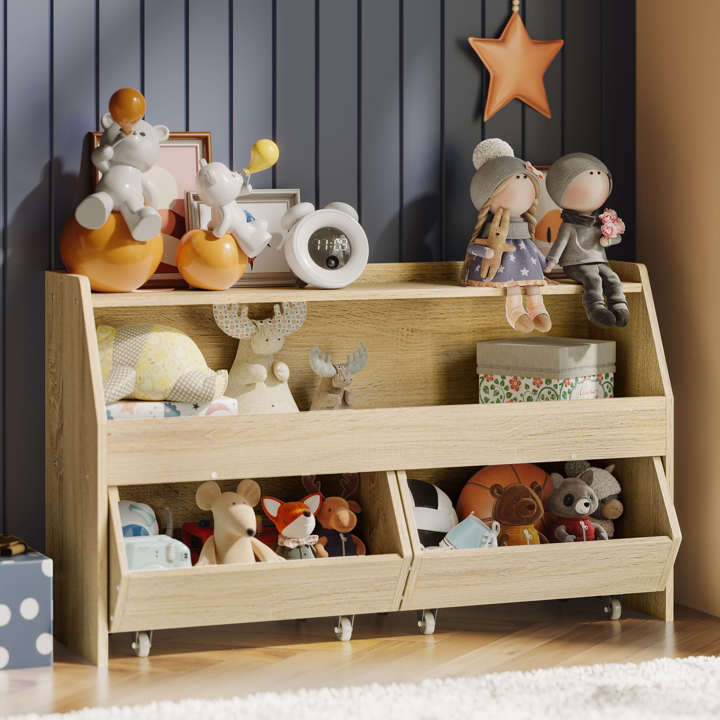 Kids Toy Storage Organizer with Wheels & Drawers - Sturdy Toy Cabinet & Bookshelf for Nursery, Playroom, Bedroom - Perfect for Organizing Toys, Books & Games (Burlywood)