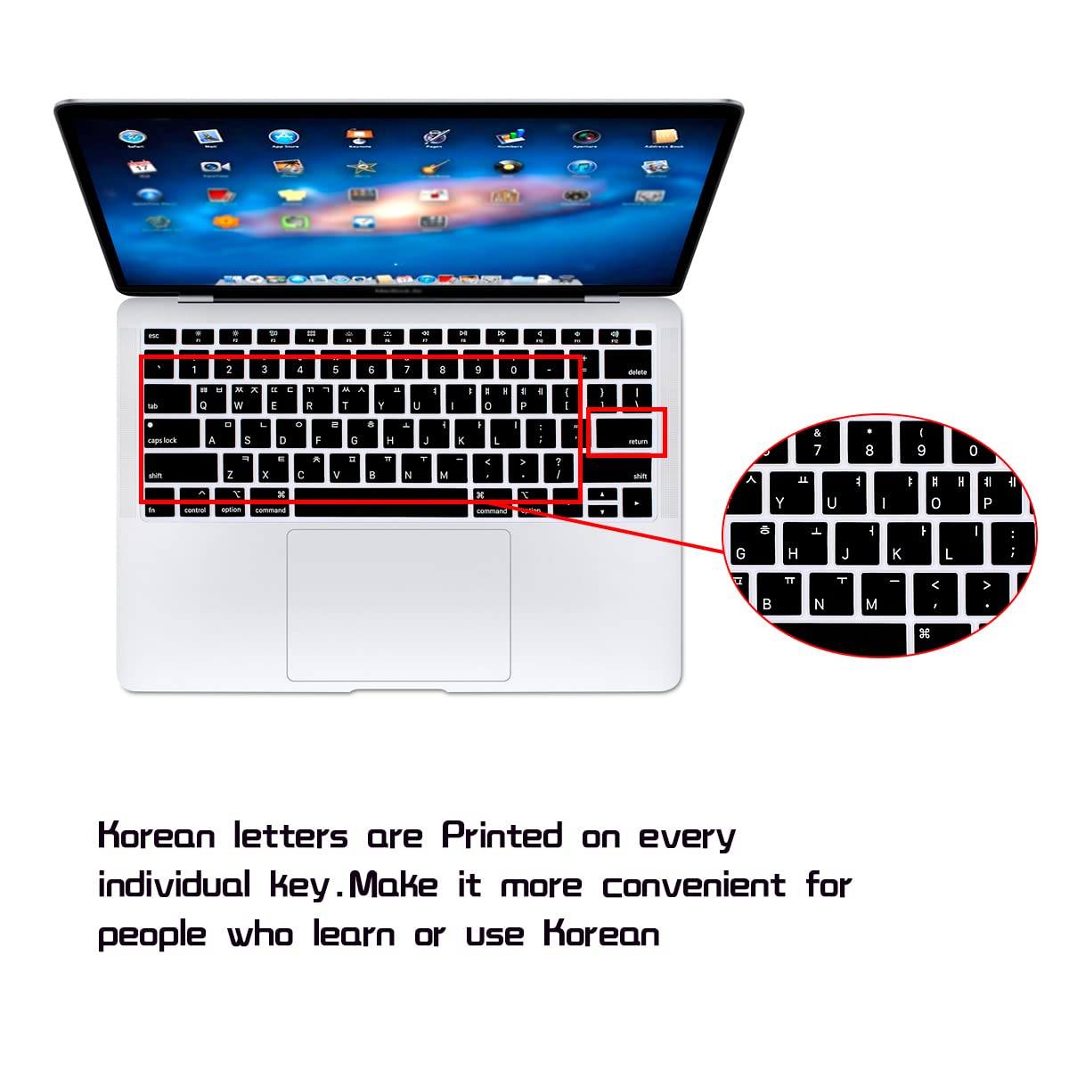 HRH Korean Language Silicone Keyboard Cover for MacBook Air 13 Inch (2018 Model A1932) - Retina Display & Touch ID - US Layout - Black - Protects from Dust & Spills for Office & Home Use