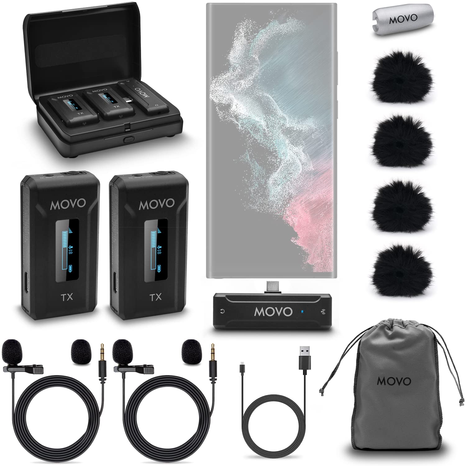 Movo WMX-2-C-DUO Wireless Lavalier Microphone with USB-C Charging Case - Compatible with Android Phones, Laptops, Computers for Vlogging, Podcasting & Video Conferencing