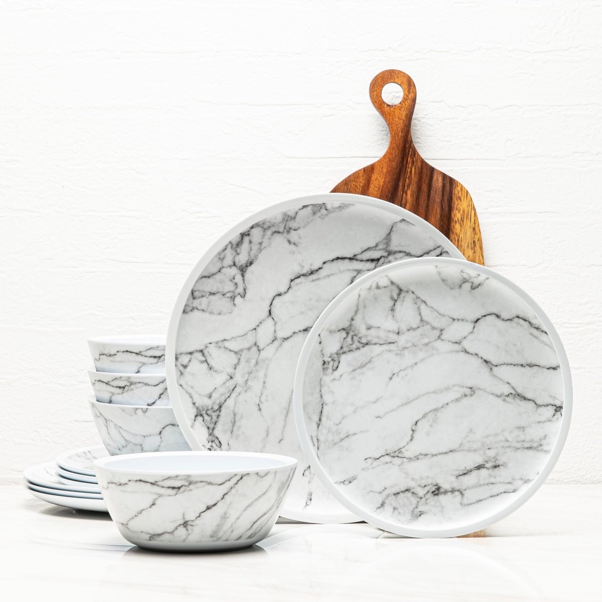 12-Piece White Marble Melamine Dinnerware Set - Plates & Bowls for Stylish Dining, Outdoor Picnics & Durable Everyday Use
