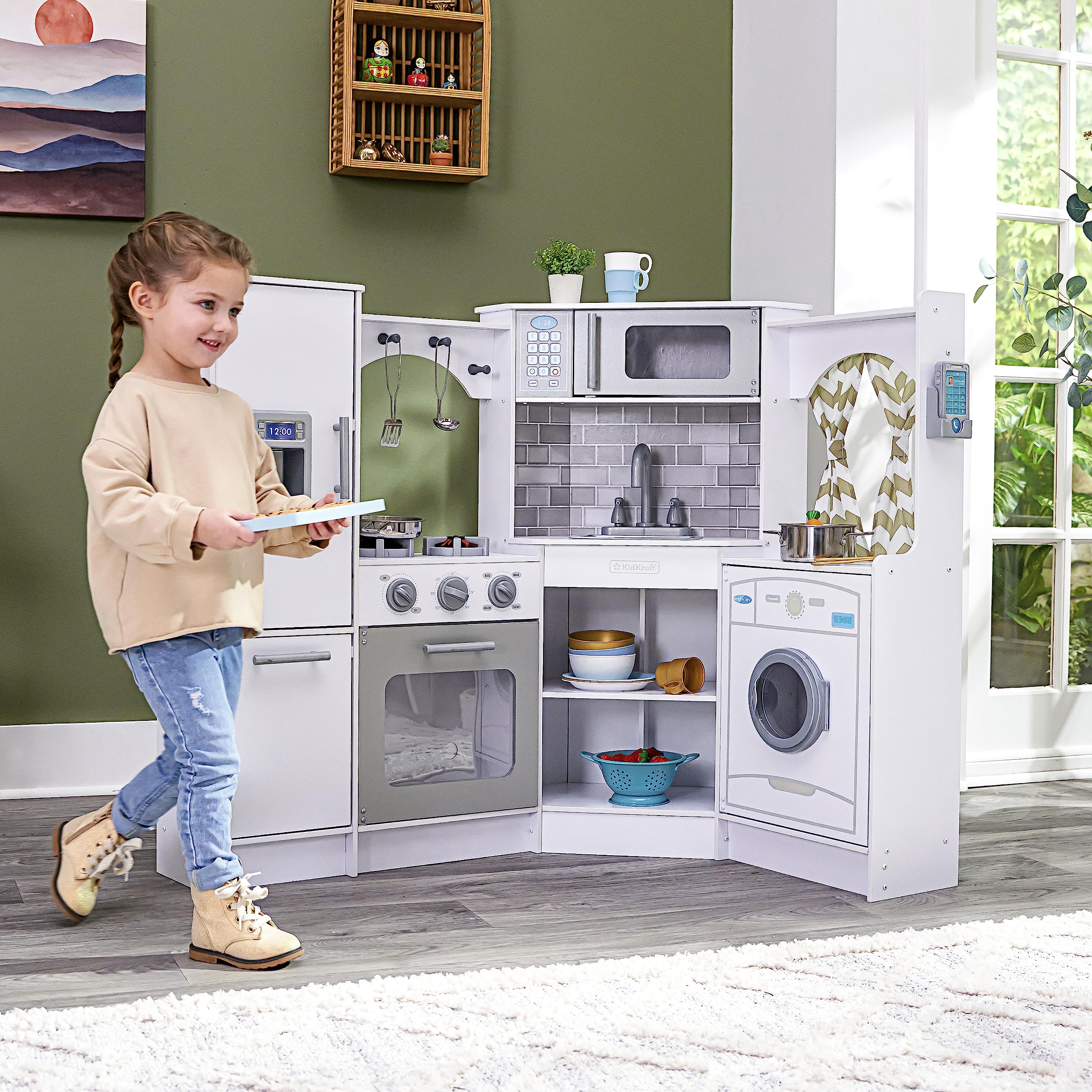 KidKraft Ultimate Corner Wooden Play Kitchen Set with Lights & Sounds - White Pretend Play Toy for Toddlers & Kids - Includes Play Phone & Curtains - Perfect for Imaginative Play, Role Playing & Early Learning Activities