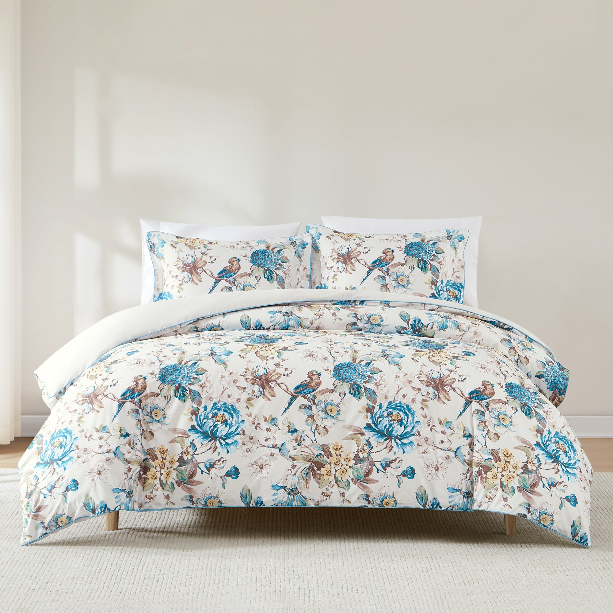Reversible Cotton Duvet Cover Set with Bird & Hydrangea Floral Design - Soft Bedding for Master Bedroom, Guest Room & Dorm Decor