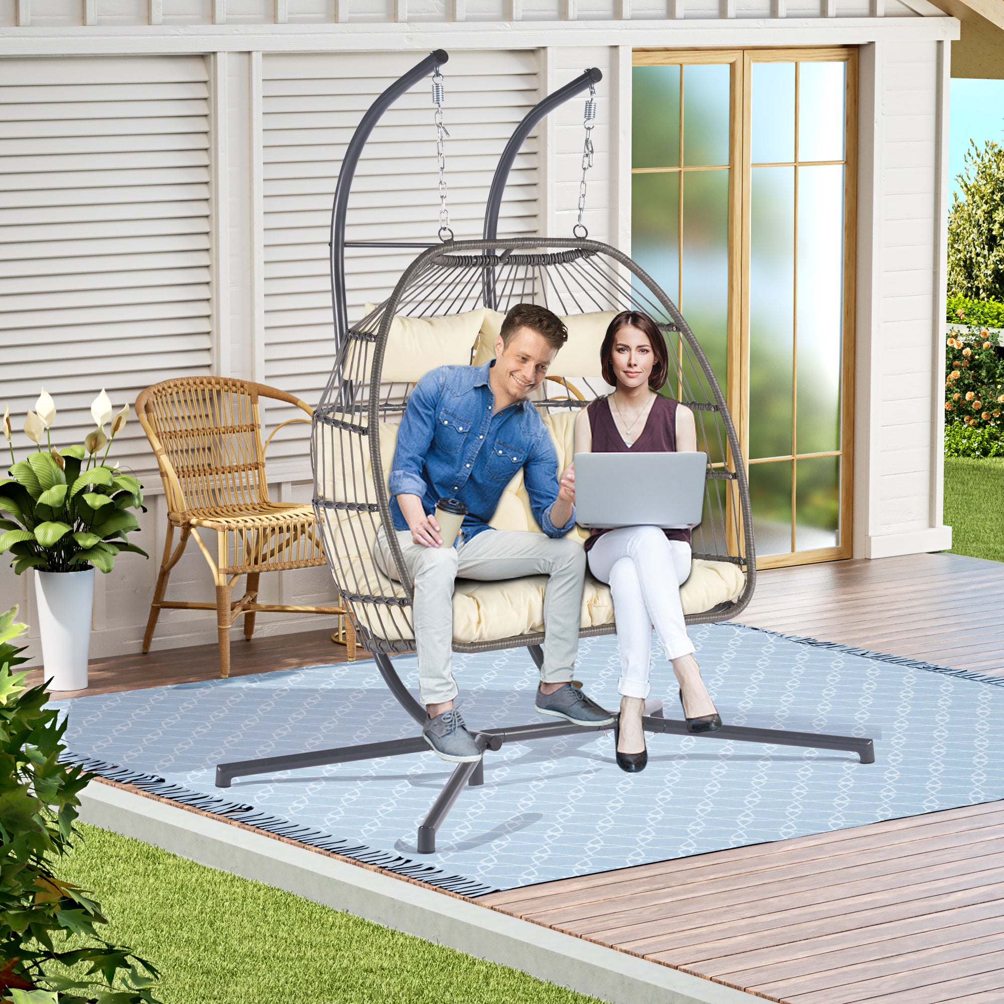 2 Person Outdoor Rattan Hanging Chair - Patio Wicker Egg Swing Chair for Garden, Balcony & Backyard - Perfect for Relaxing & Lounging