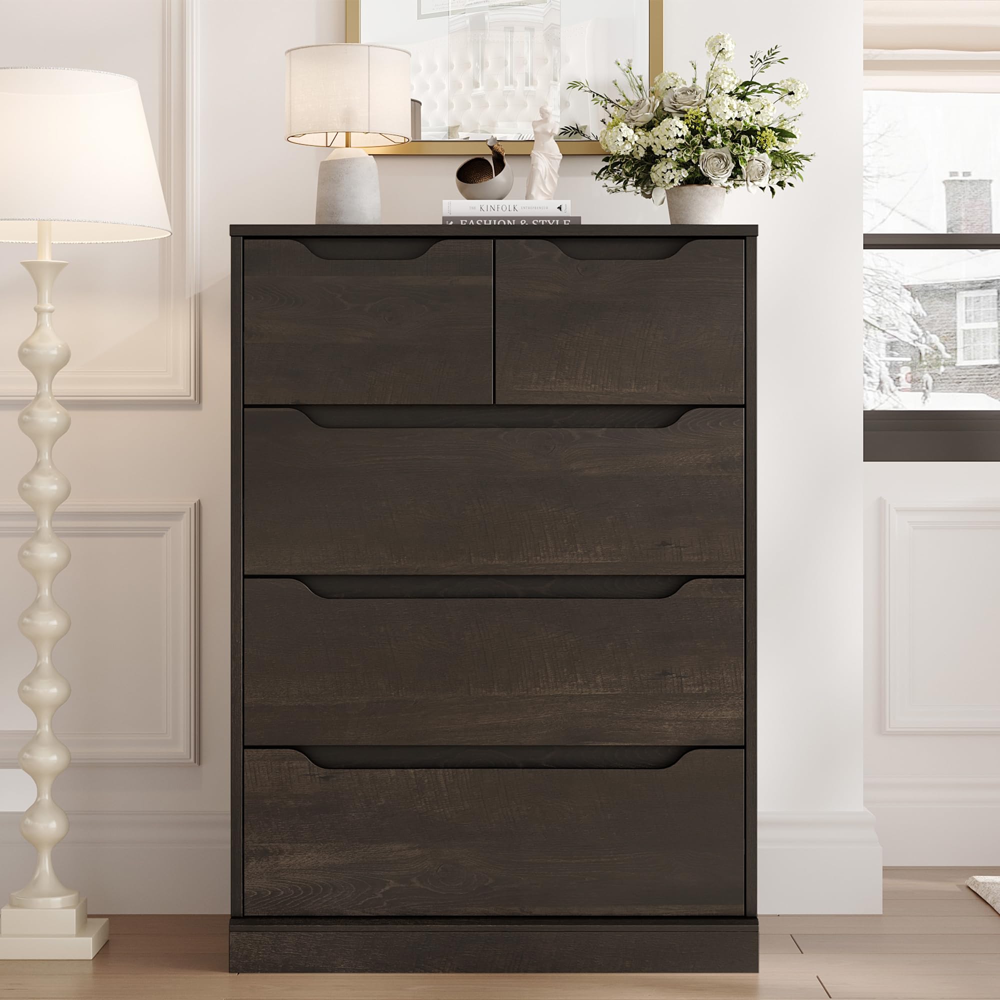 Modern 5-Drawer Wood Dresser for Bedroom - Dark Brown Storage Chest with Cut-Out Handles, Organizer Cabinet for Clothes & Accessories - Perfect for Bedroom, Living Room, Entryway & Hallway Storage Solutions