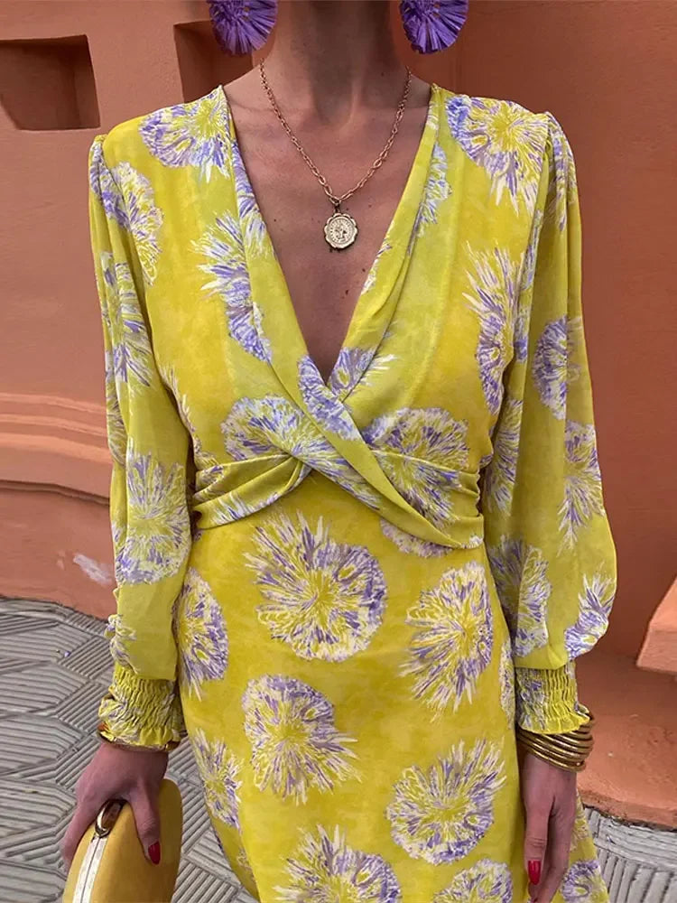 Elegant Floral Print Maxi Dress for Women - V-Neck Long Sleeve Pleated Slim Fit Summer Dress with High Waist | Perfect for Spring Weddings, Beach Vacations & Evening Parties