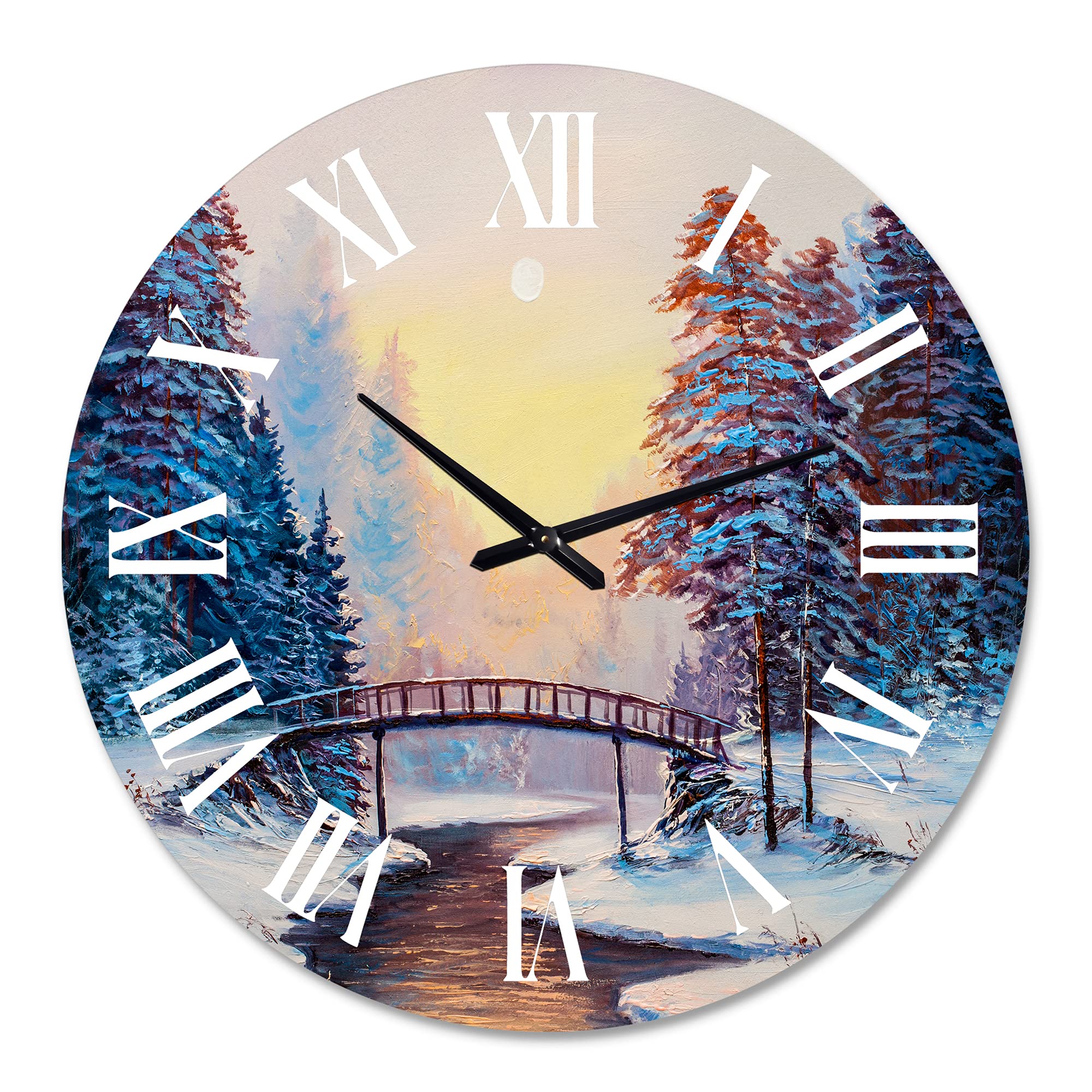 DesignQ Traditional Wall Clock - Little Bridge & Snow Covered Landscape - Large Decorative Clock for Living Room, Bedroom, Office - Perfect for Home Decor & Gifts