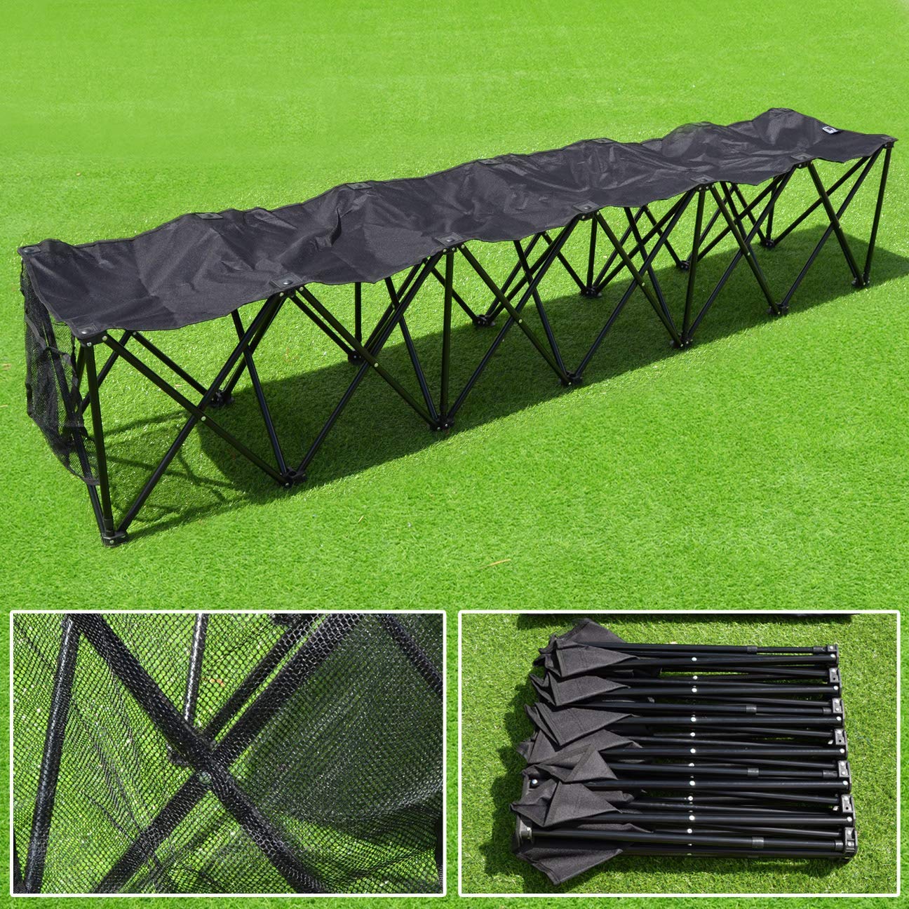 BenefitUSA Portable Folding Sports Bench - 6 Seater Sideline Bleacher Chair for Team Games, Camping & Outdoor Events (Black) - Durable & Lightweight for Easy Transport & Storage