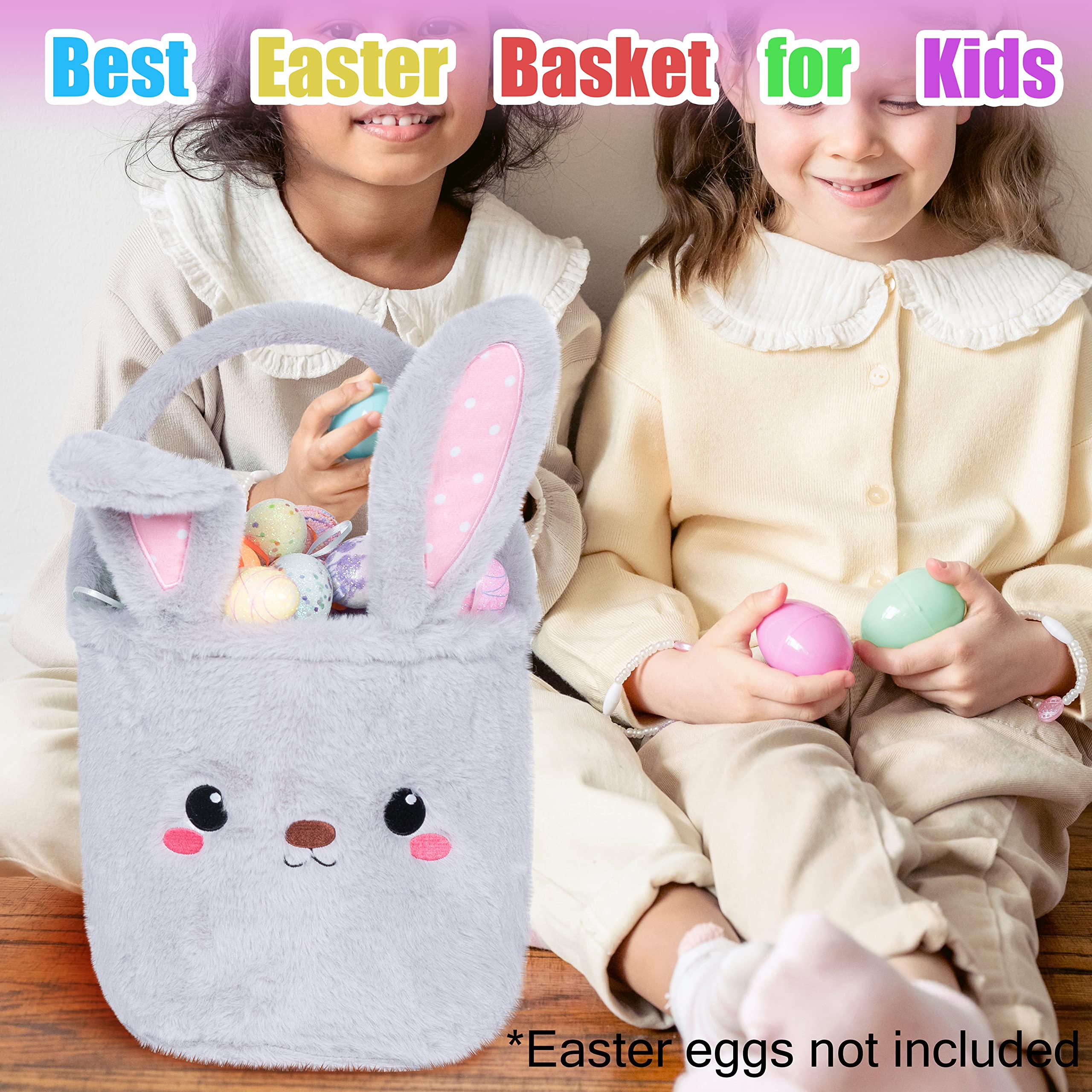 Easter Bunny Basket for Kids - Cute Grey Plush Foldable Ears Egg Hunt Tote with Handle - 9×9 Inch Candy Storage Bag for Boys Girls Teens - Perfect for Easter Decorations, Egg Hunts & Holiday Gift Giving