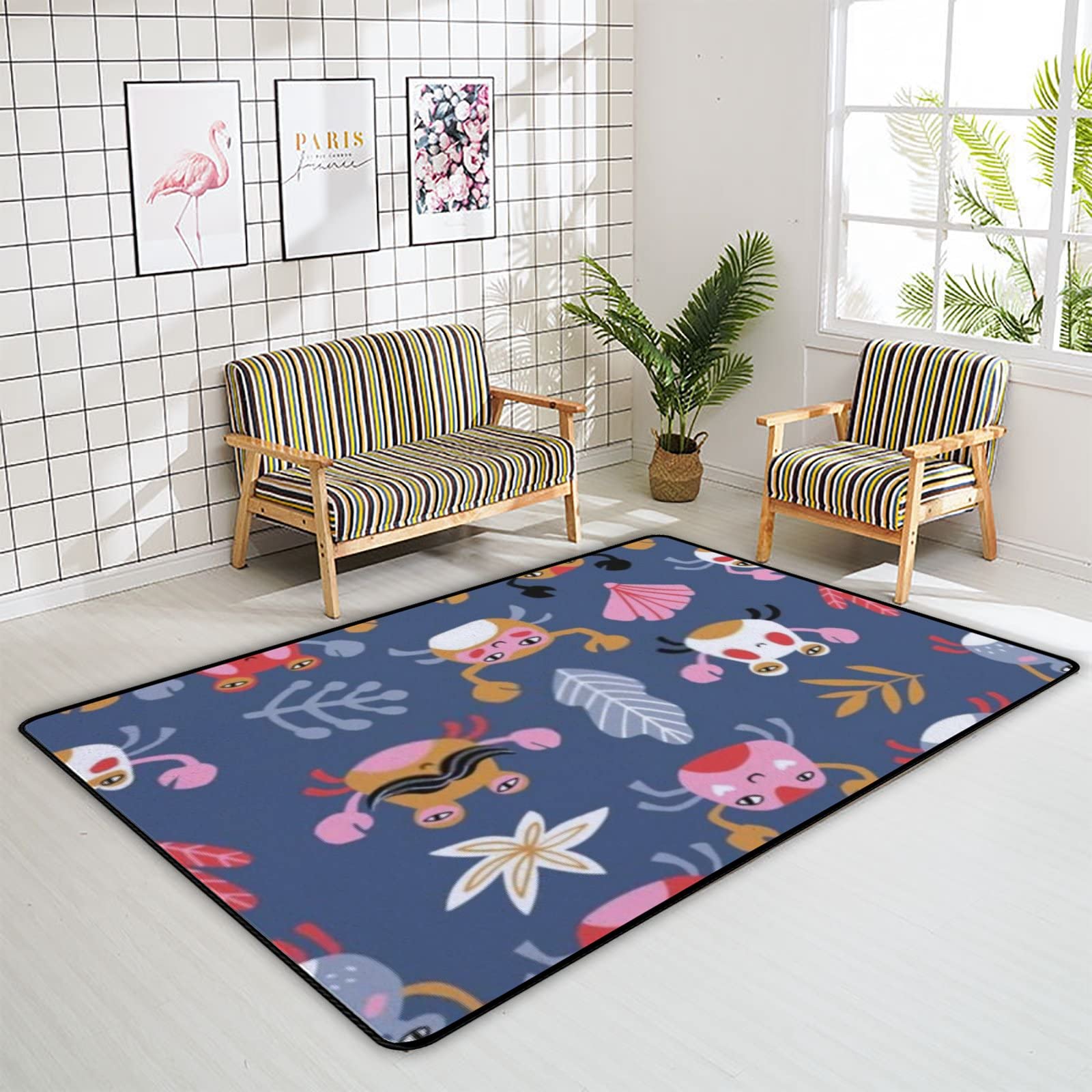 Cartoon Crab Area Rugs - Non-Slip Soft Large Floor Mat 72x48in for Bedroom, Living Room, Nursery, Dorm & Office - Cute Home Decor Rug for Kids Room, Standing Desk & Indoor Spaces