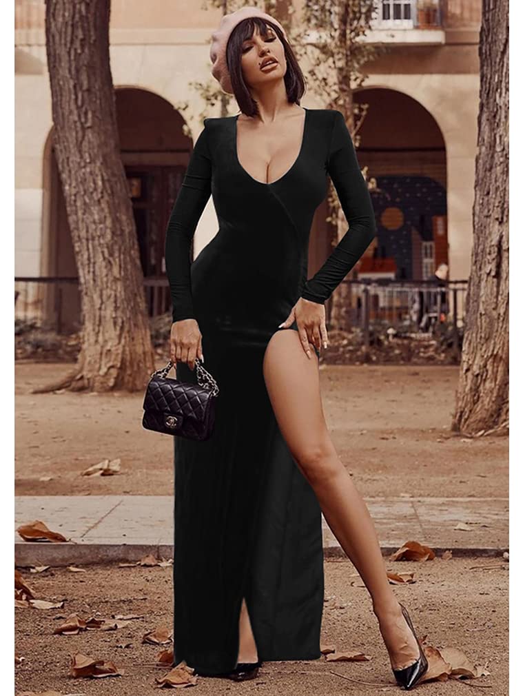 ZileZile Women's Sexy Bodycon Long Sleeve Deep V Neck High Slit Cocktail Party Maxi Dresses - Elegant Evening Gown for Night Out, Clubwear, Date Night & Special Occasions
