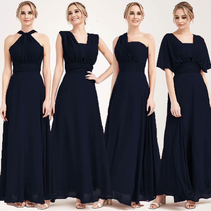 Elegant Dark Navy Convertible Chiffon Bridesmaid Dress - Wrap Style Floor Length Gown for Weddings, Prom & Formal Events
