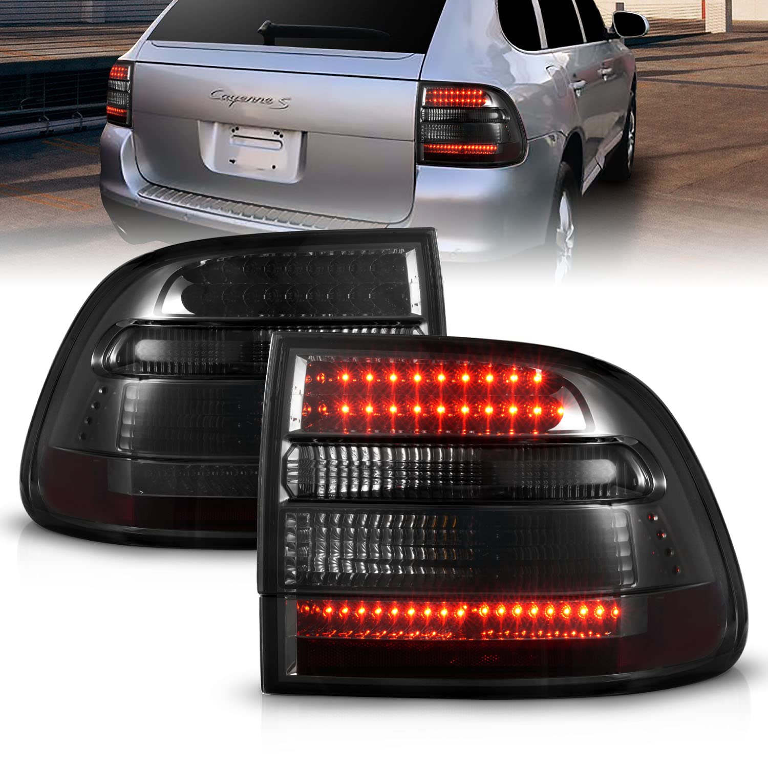 AmeriLite Smoke LED Tail Lights Pair for Porsche Cayenne SUV (2003-2023) - Left & Right Side Replacement - Enhanced Visibility & Style for Night Driving & Off-Road Adventures