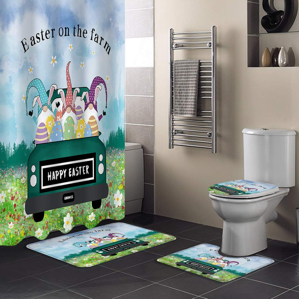 4-Piece Non-Slip Bath Rug Set with Easter Truck Shower Curtain - Includes Toilet Lid Cover, Bath Mat & Hooks - 72